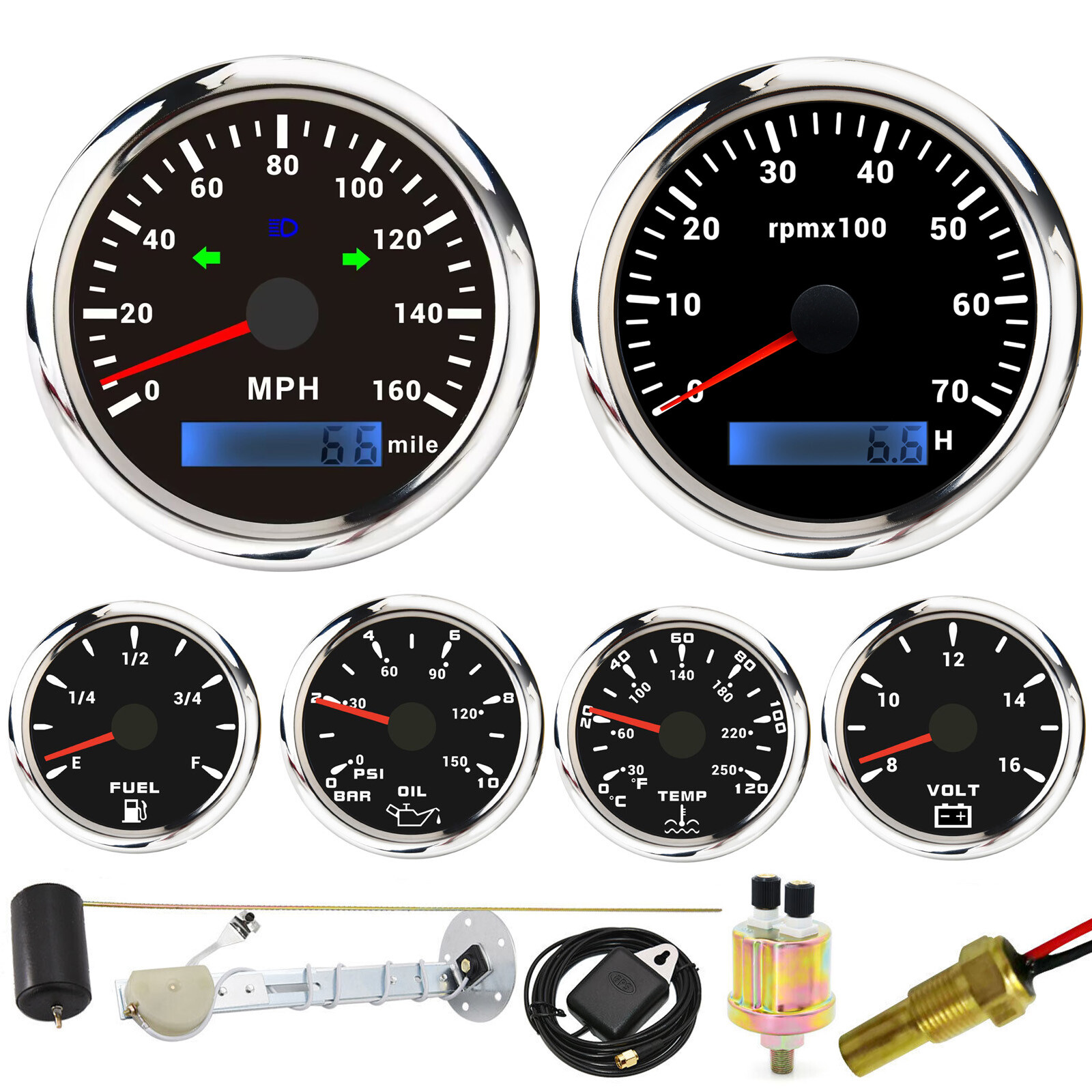 6 Gauge Set GPS Speedometer 0-160MPH Tacho Fuel Gauge Temp Oil Volt For Car Boat