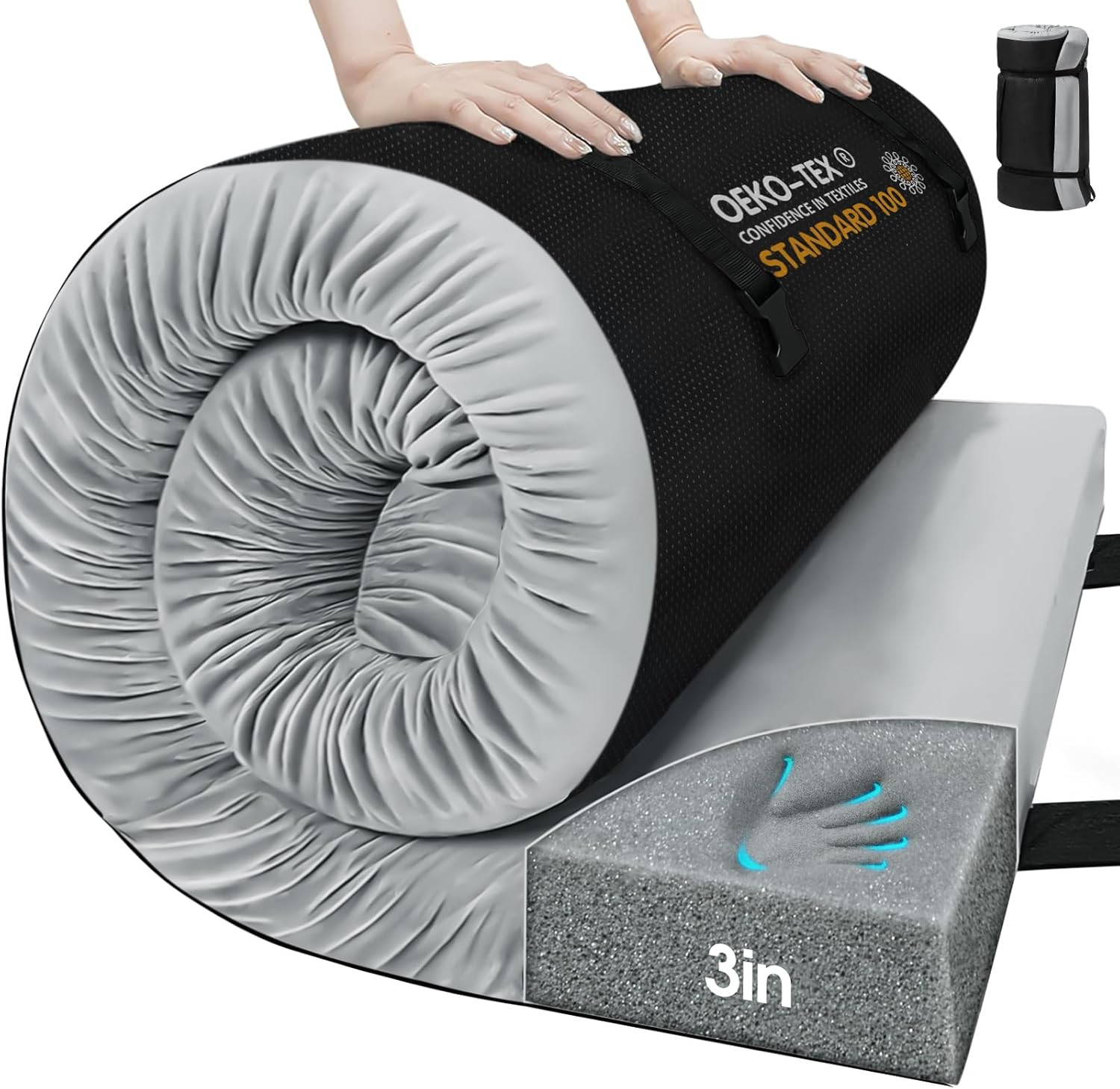 3-Inch Memory Foam Camping Mattress Pad - Portable Non-Slip Travel Bed Mat