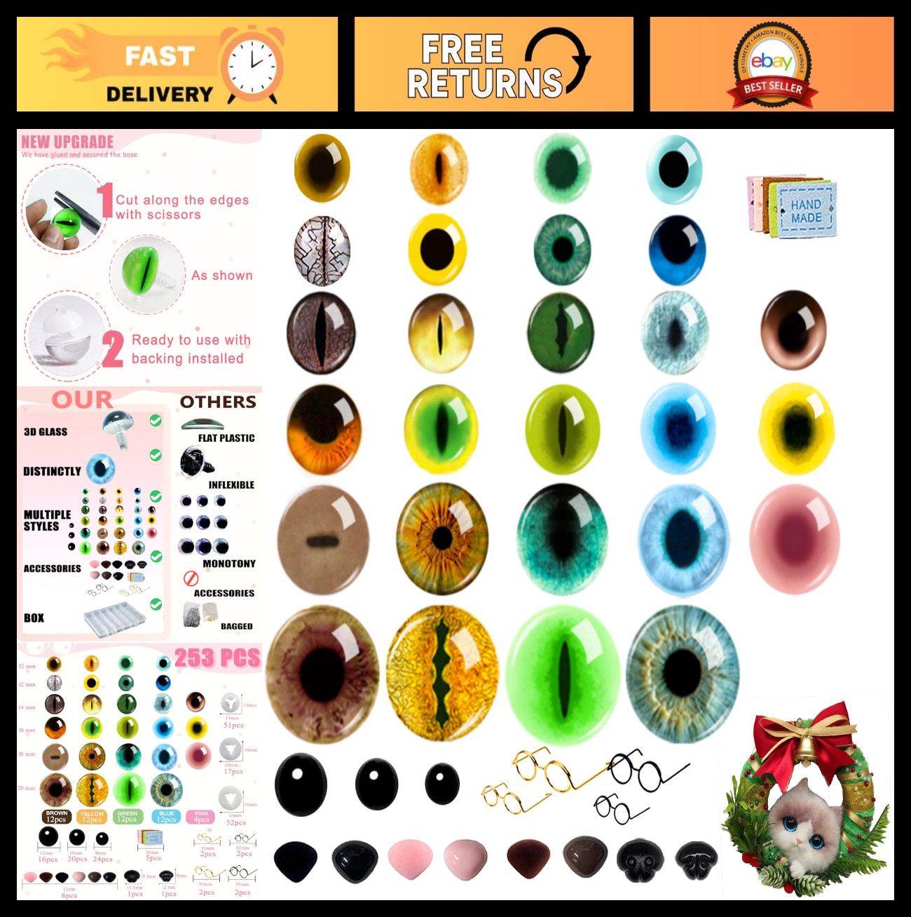 253 PCS Amigurumi Safety Eyes 8-20mm for Crochet Animals, 3D Glitter Glass Eyes,