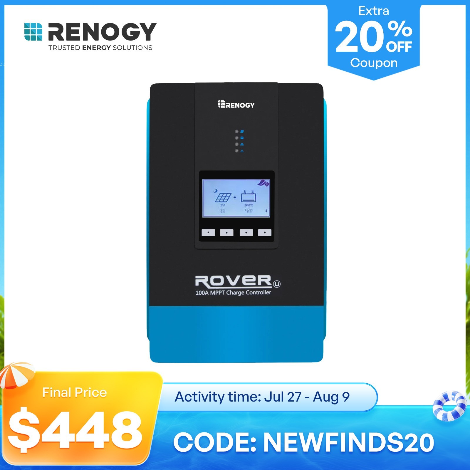 Renogy Rover 100 Amp 12/24/36/48v DC Input MPPT Charge Controller Auto Parameter