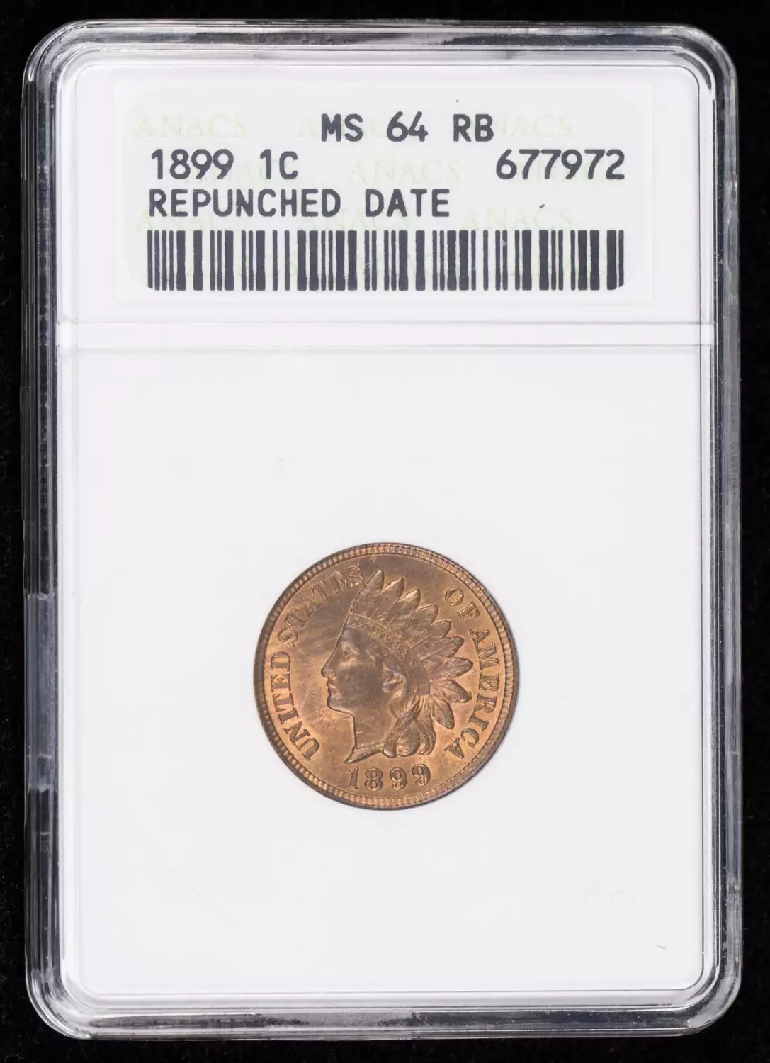 1899 Small Cents Indian Head ANACS MS-64 RB Repunched Date SoapBox