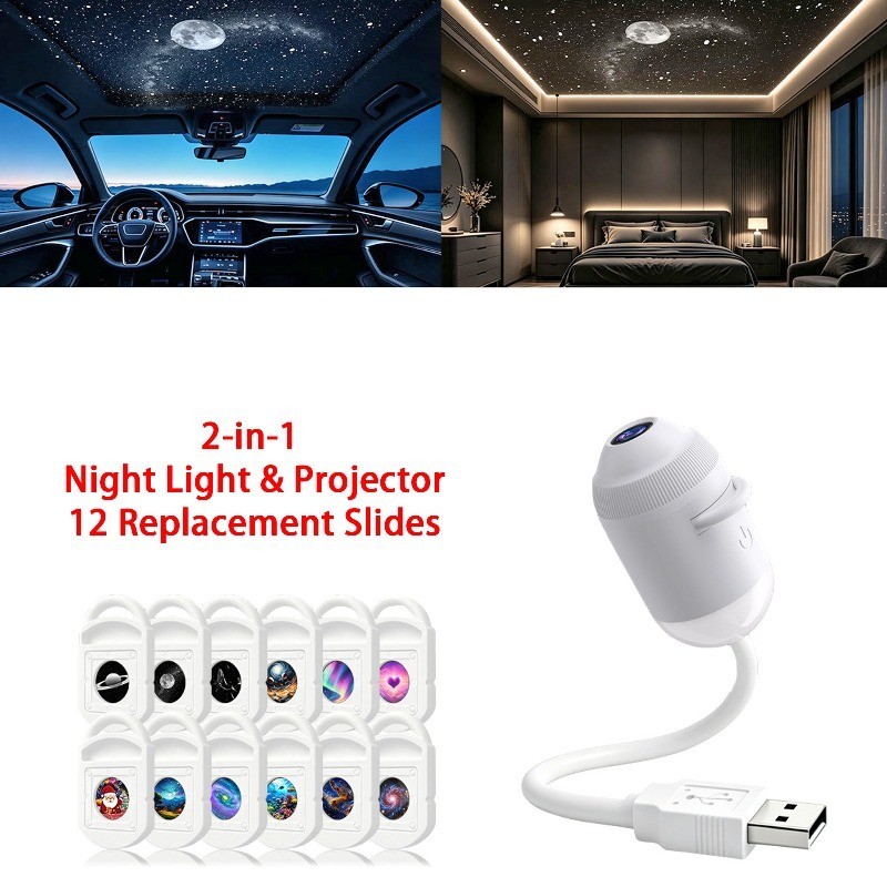 2-in-1 Galaxy Projector Night Light USB Projection Lamp with 12 Projection Films
