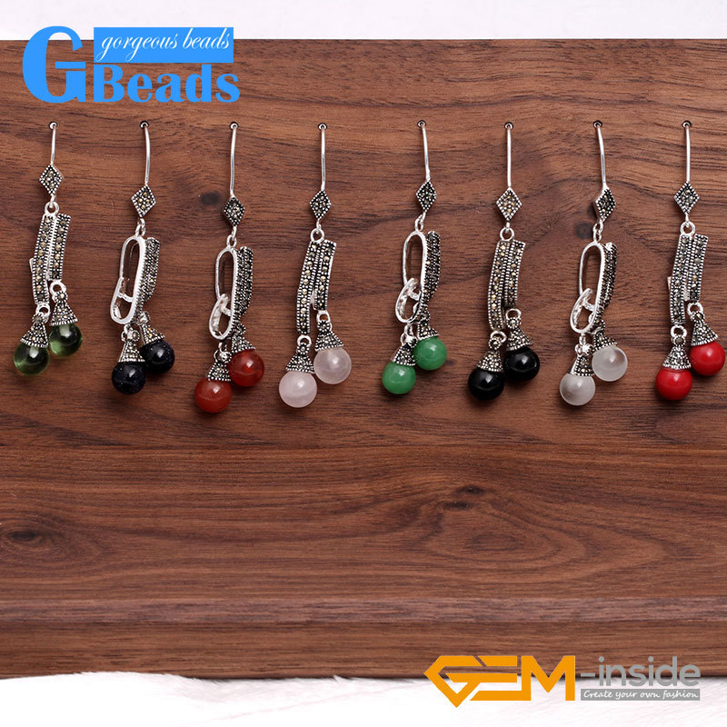 Green Red Dangle Jewelry 8mm Round Beads Marcasite Silver Earrings for Women
