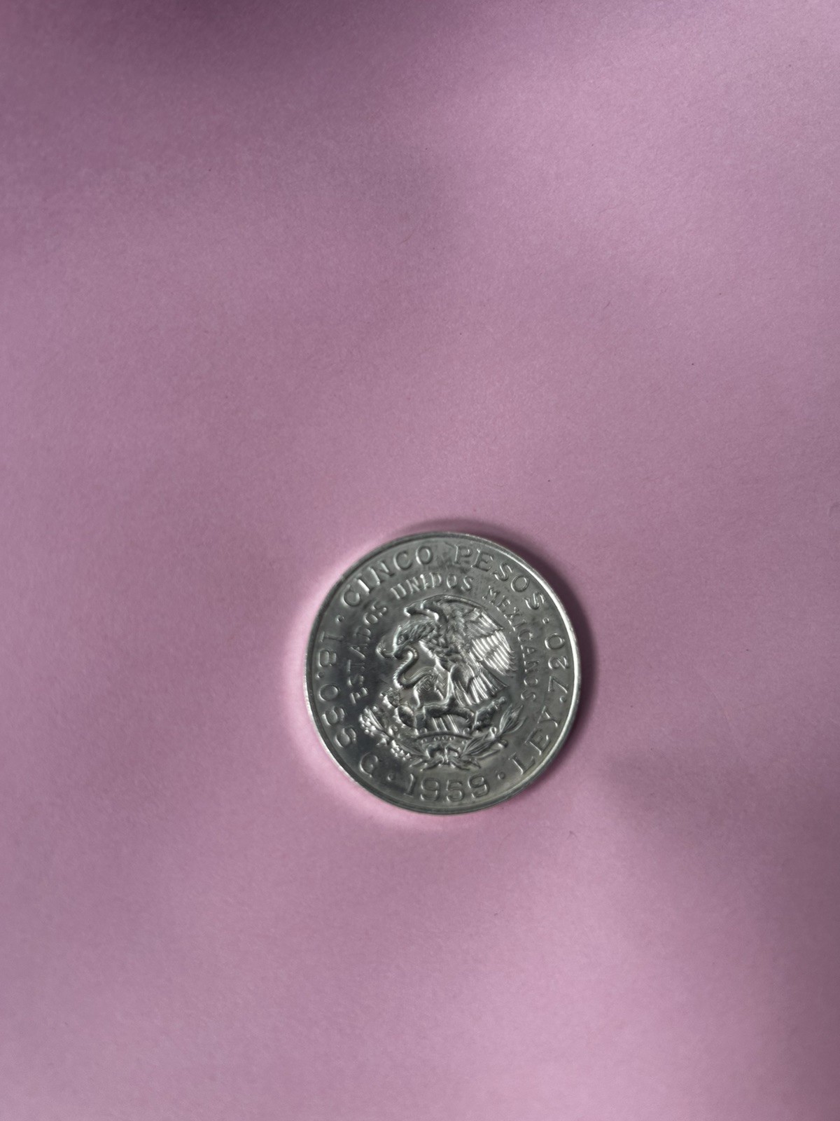 1959 Mexico Cinco Pesos Ano De Carranza Silver  .720 Ley