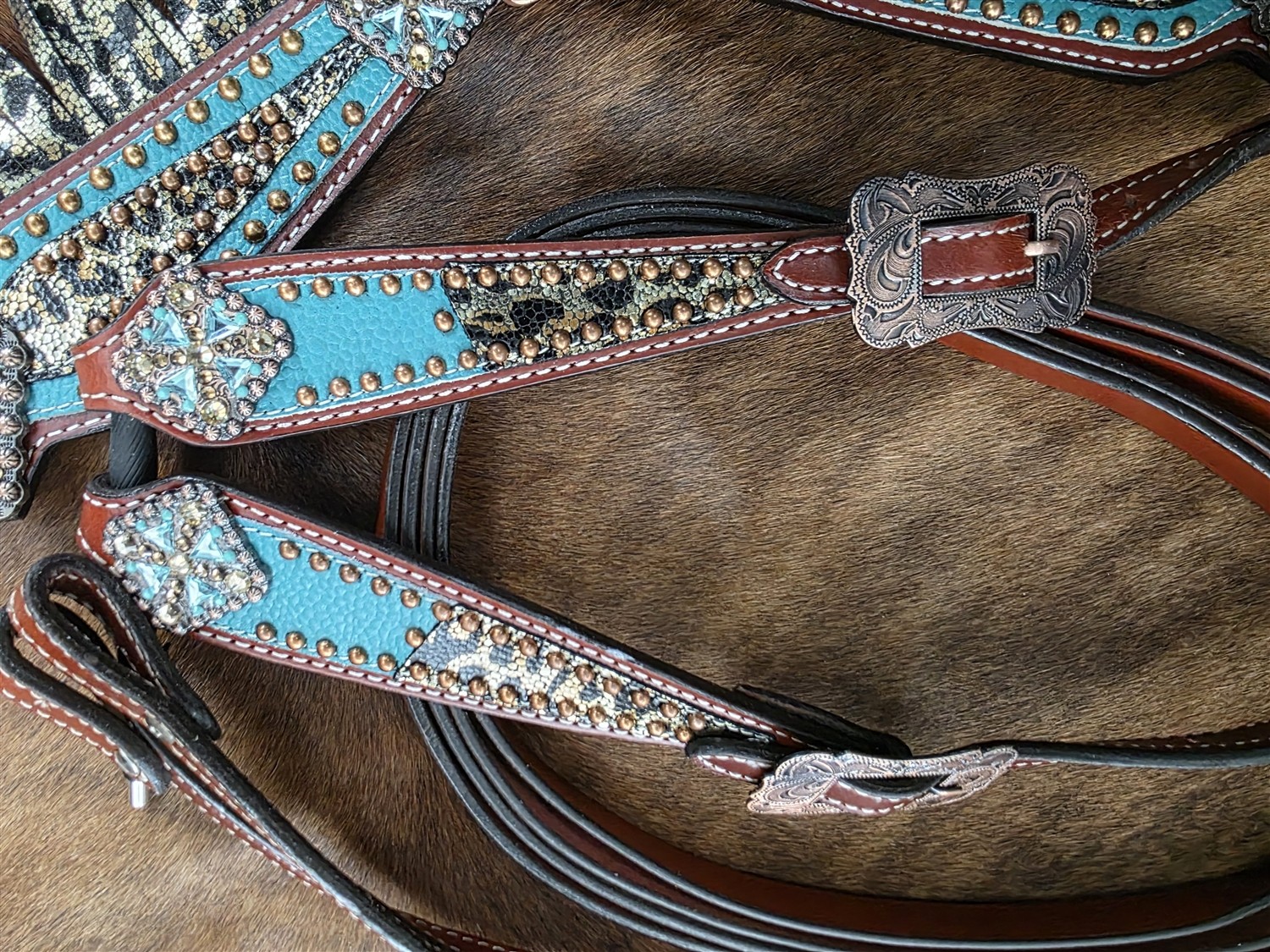 Western Headstall - Fringed Breastcollar - Reins - Metallic Leopard - Turquoise