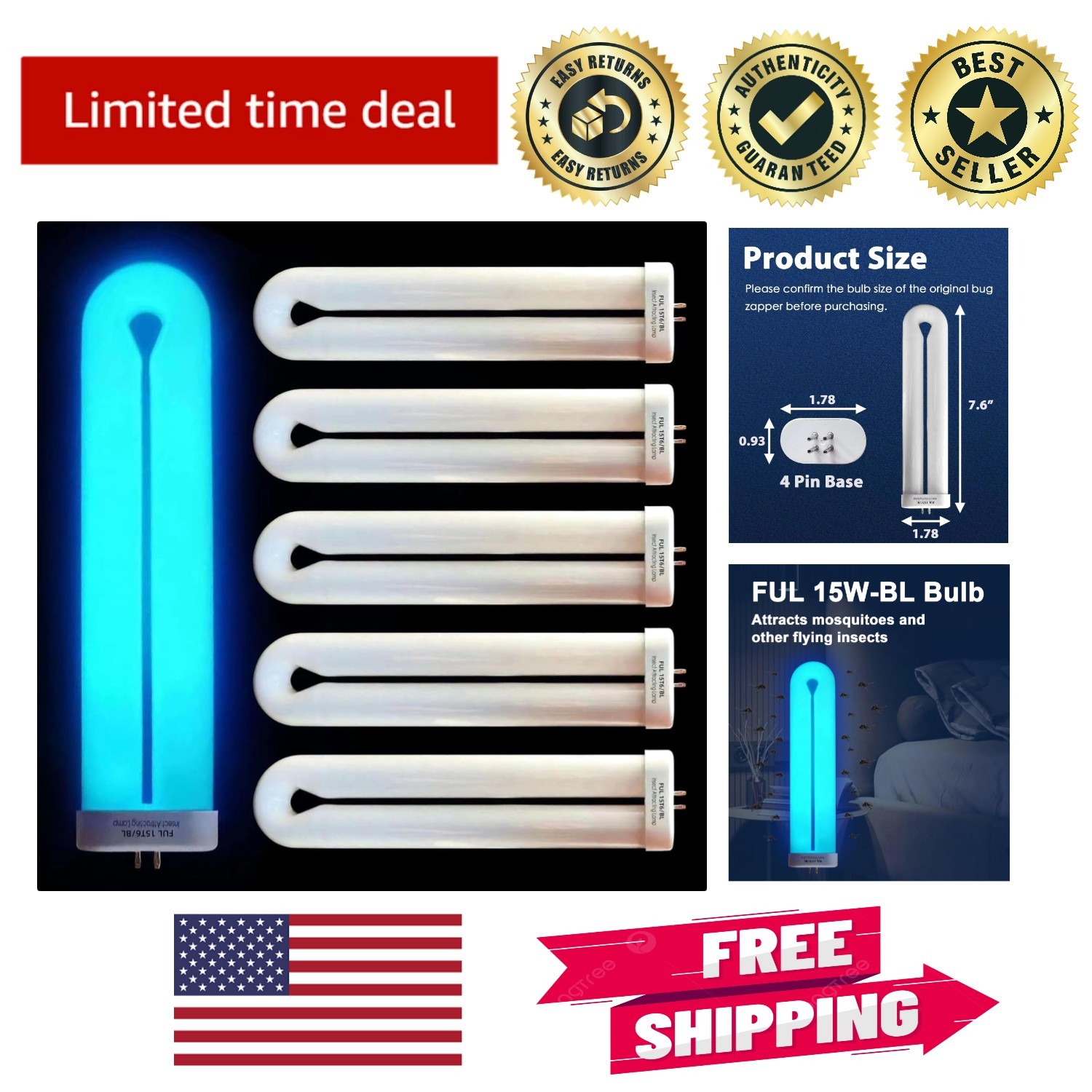 Fluorescent 15W Bug Zapper Bulb, 365nm Blue Light, 6 Pack for Insect Control
