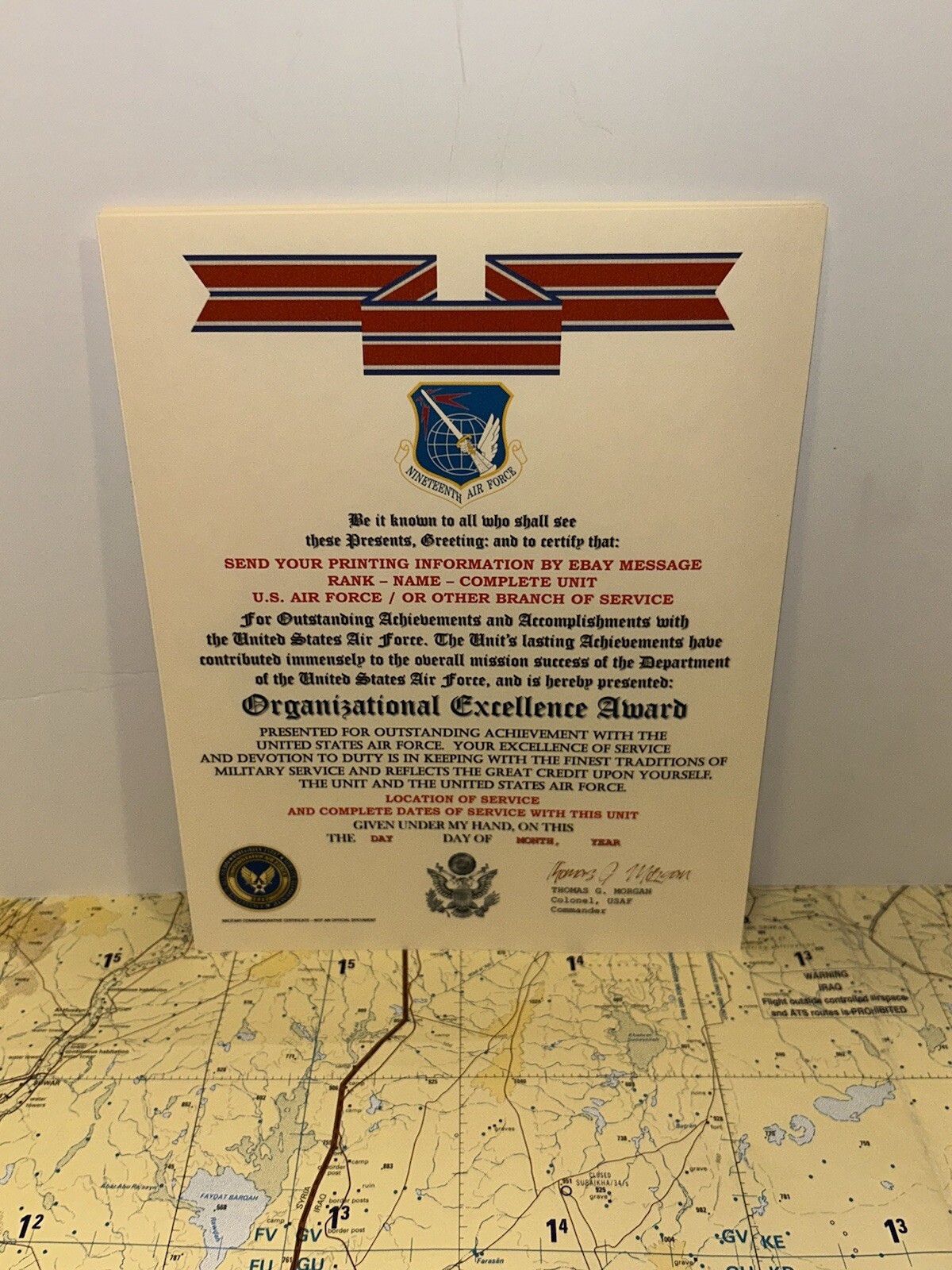 U.S. AIR FORCE / 19TH AIR FORCE - ORGANIZATIONAL EXCELLENCE AWARD CERTIFICATE