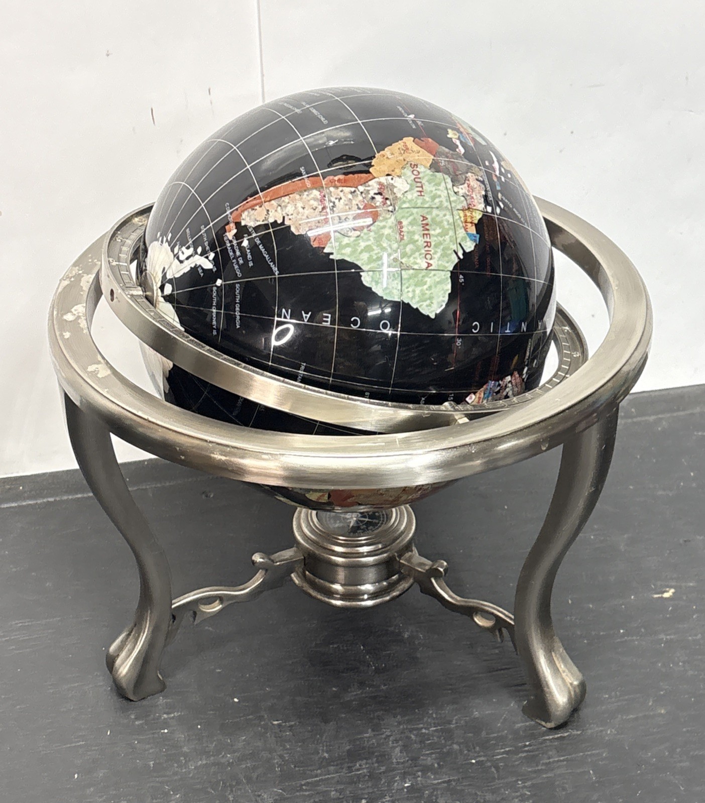 World Globe Semi Precious Inlaid Stone and Shells w Compass 28” Pearl Black