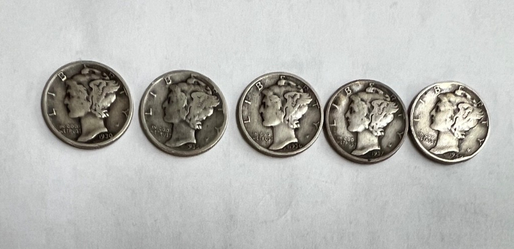 Mercury Dimes 5/Lot -1930P, 1935P, 1936P, 1937P, 1940P -.90% Silver - Extra Fine
