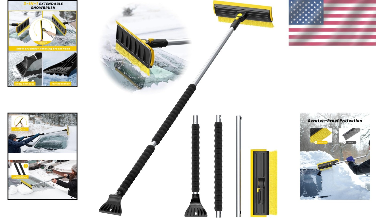 Versatile 3-in-1 Ice Scraper & Snow Brush - 55.7" Adjustable for All Vehicles
