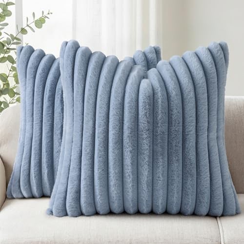 Faux Fur Couch Throw Pillow Covers 18x18 Set 18" x 18" (Pack of 2) Grey Blue
