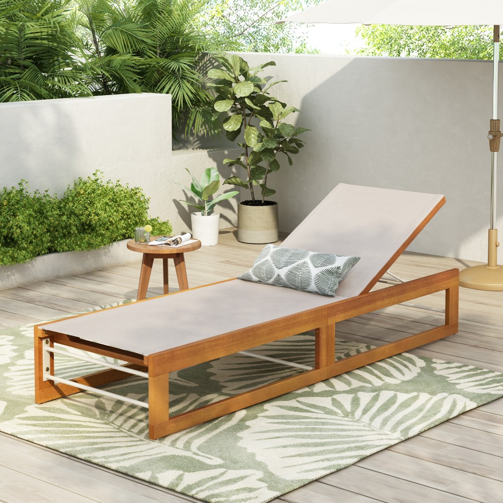 Teak Finish Acacia Wood Outdoor Chaise Lounge with Textilene Mesh Seating