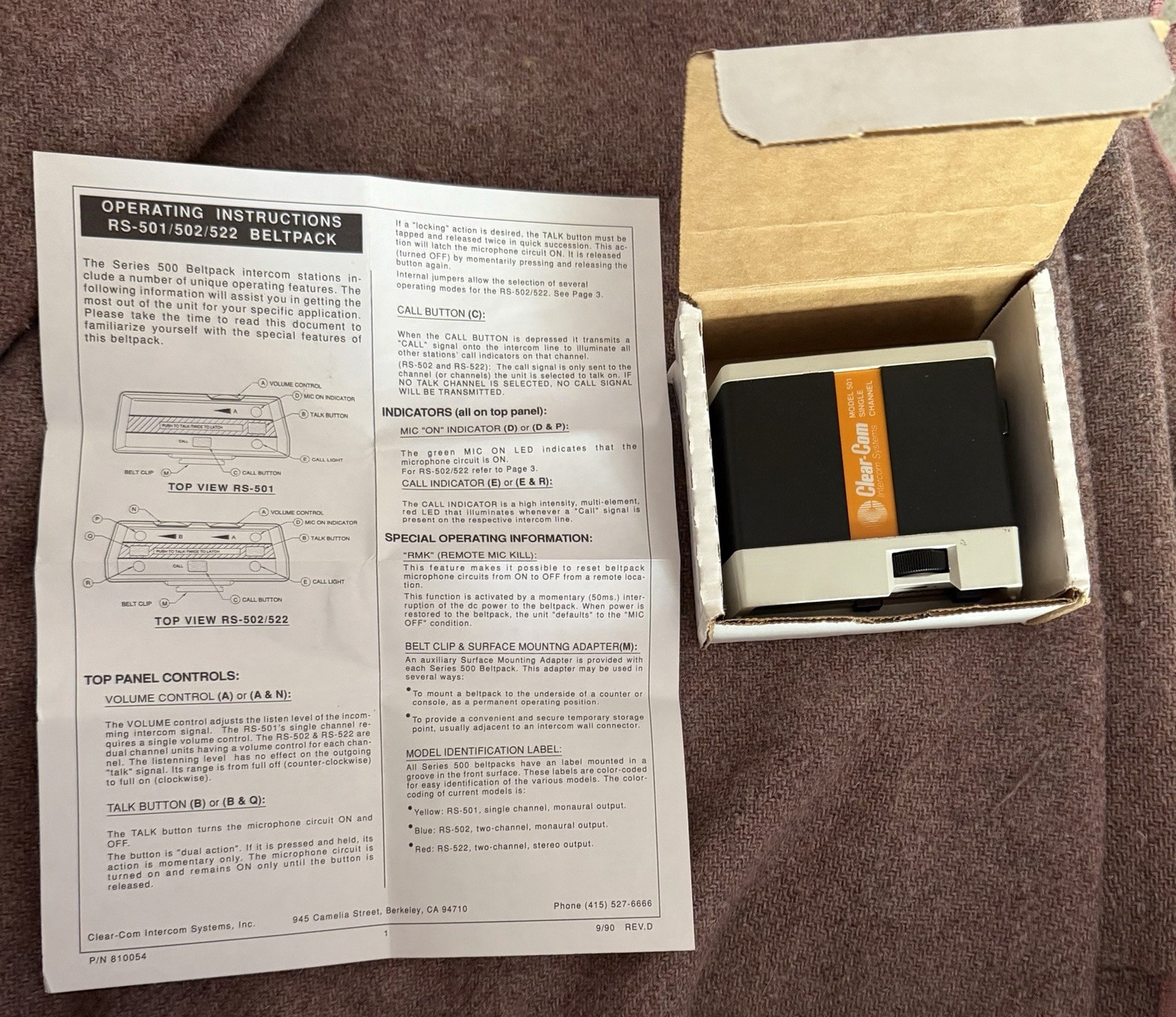 Clear Com RS-501 Single Channel Belt pack New With Opened Box.