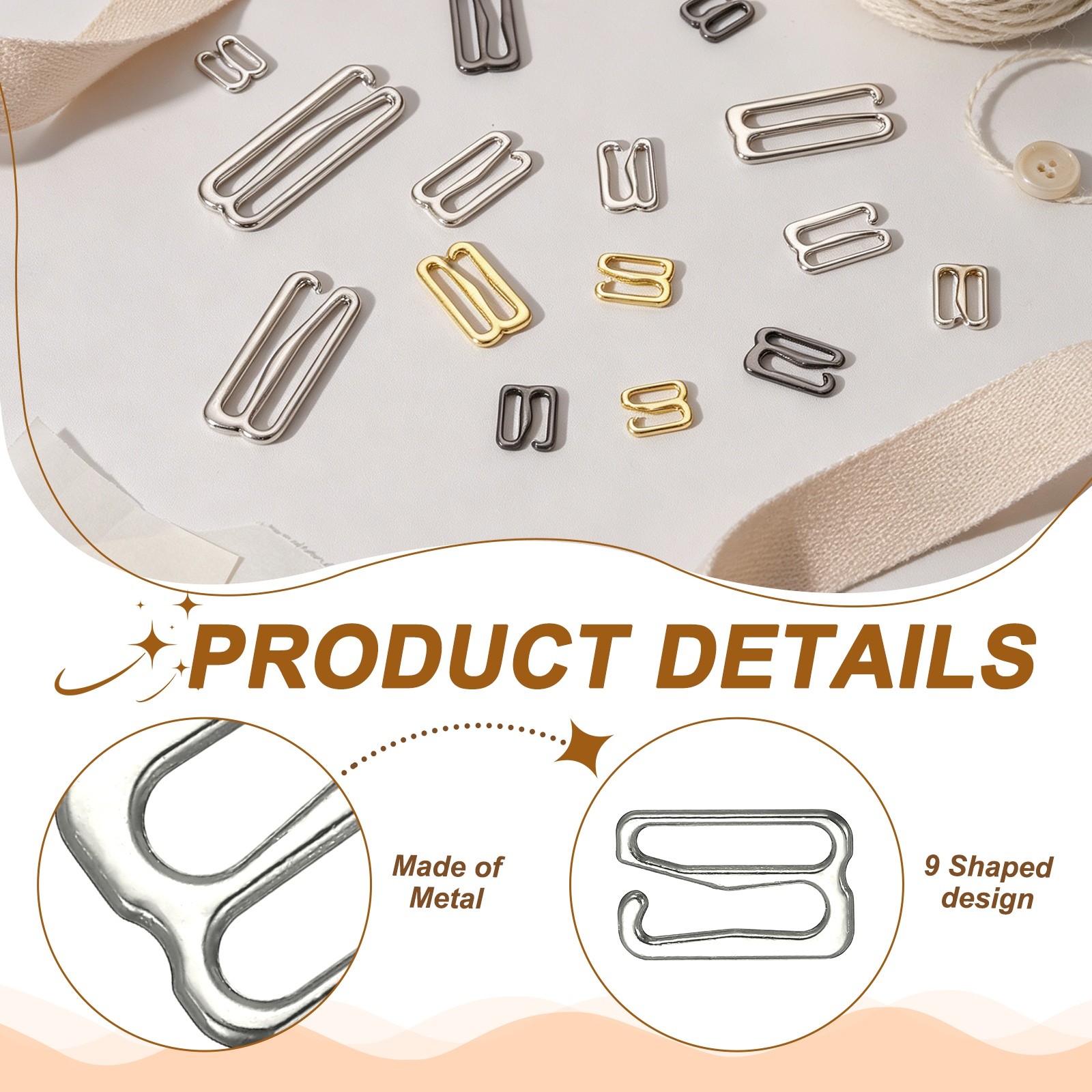 100Pcs Bra Hooks for Straps 10mm 9 Shaped, Silver