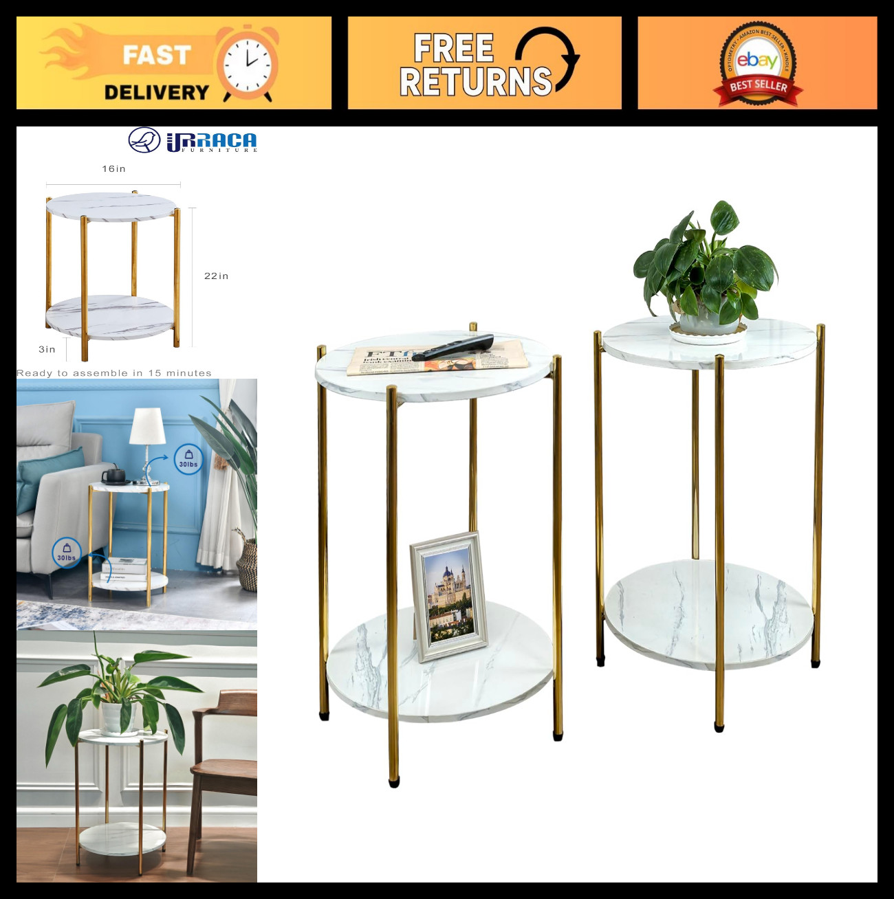 Set of 2 Small Round Faux Marble Gold End Tables | Modern Accent Furniture, Spac