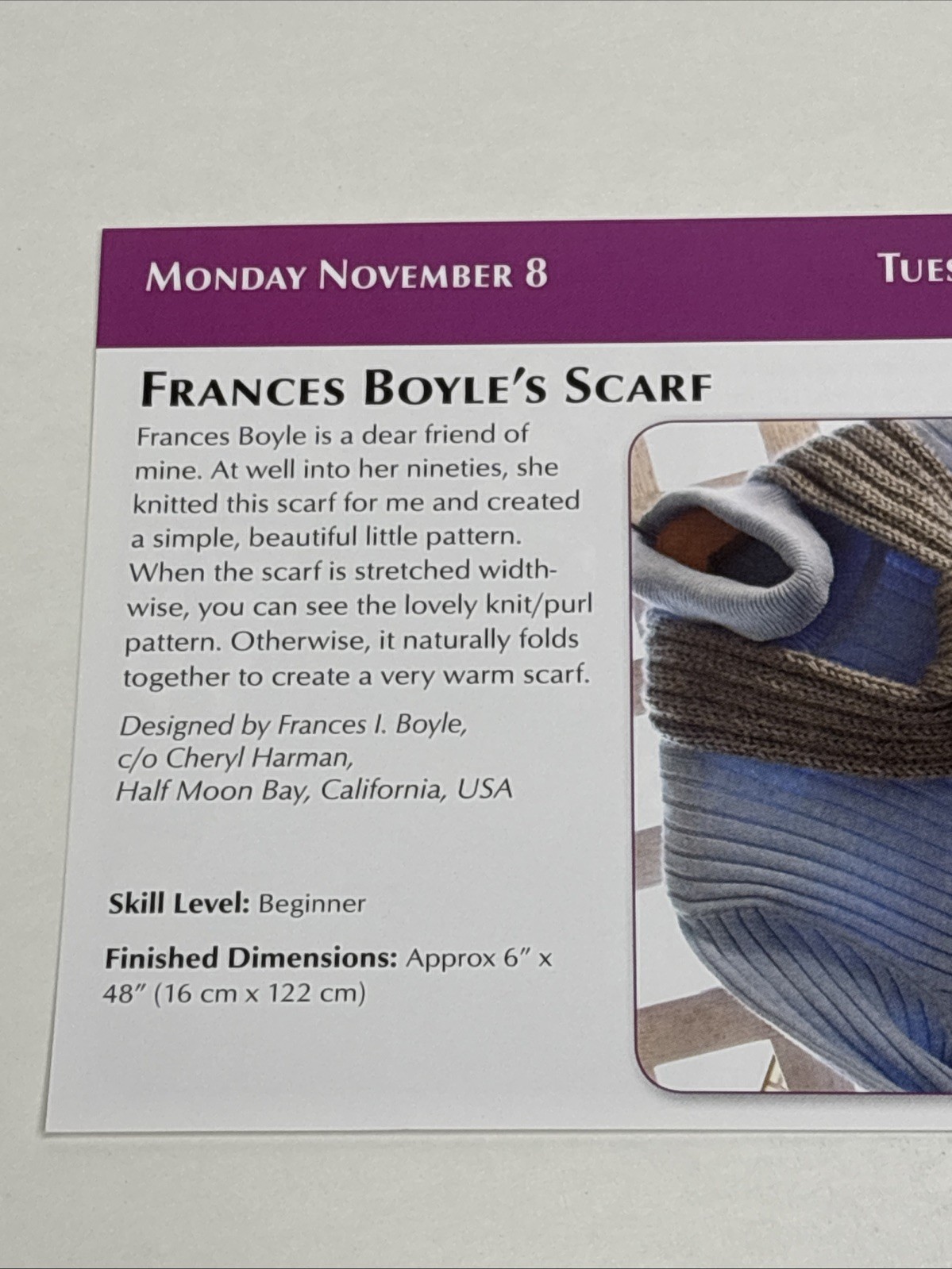 Frances Boyle's Scarf Knitting Pattern Card Page