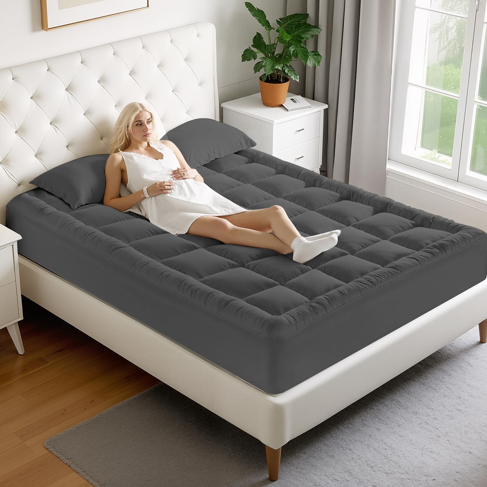MATBEBY King Size Mattress Pad - Cooling King, Dark Grey - Checkered