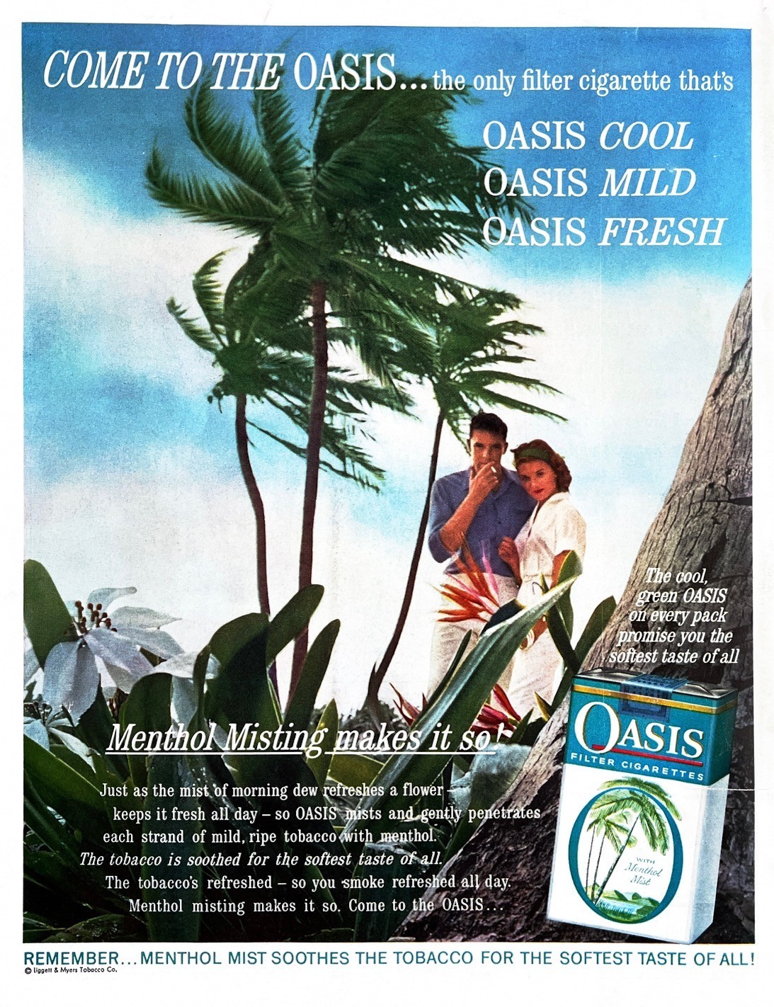 1961 OASIS CIGARETTES Original Vintage Print Ad Young Couple Smoking 10" x 14"