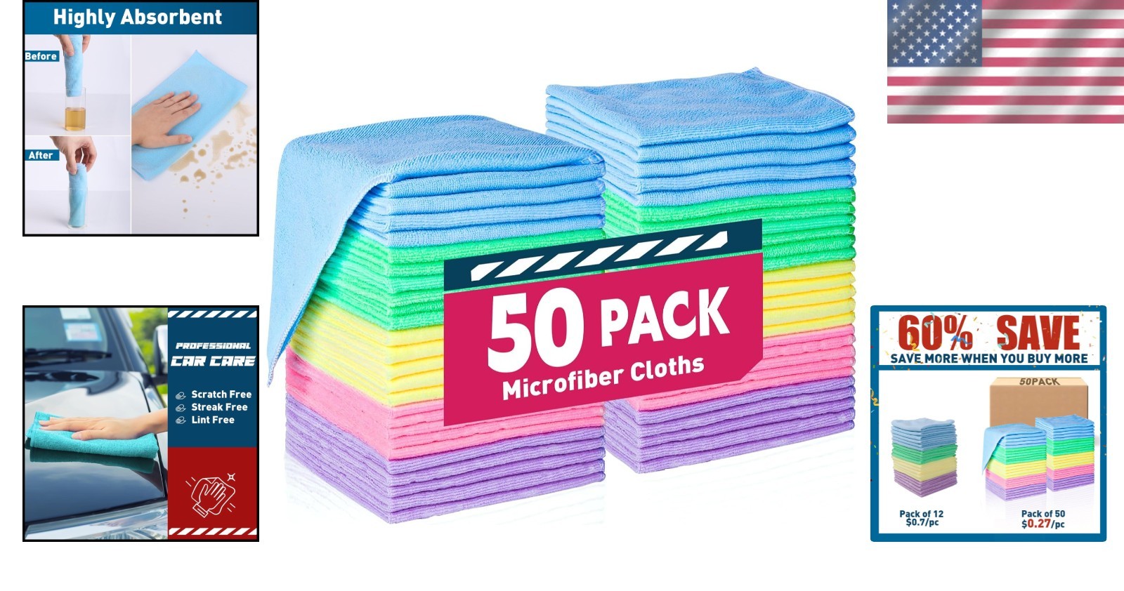 Reusable Microfiber Cleaning Towels - 50 Pack, Lint-Free & Machine Washable