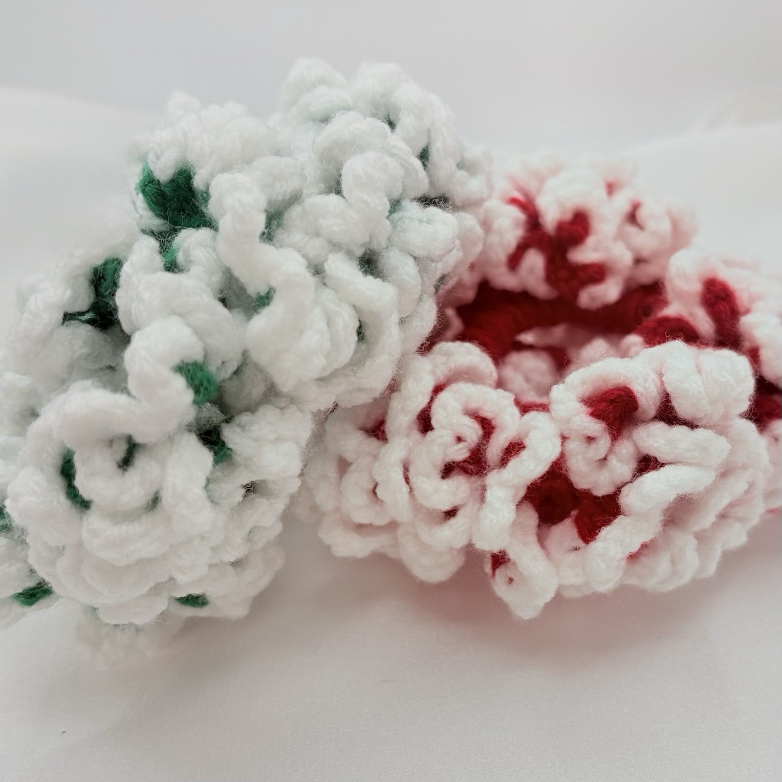 Christmas Set 2 Pom Pom Crocheted Hair Scrunchies  Green Red Cute Girls Women