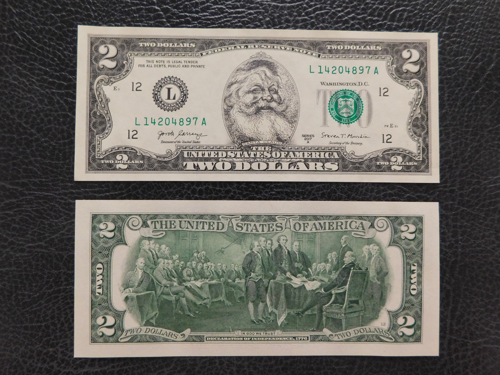 The Santa Claus U.S. $2 Dollar Bill Money "Santa Dollar" Includes ONE new card.