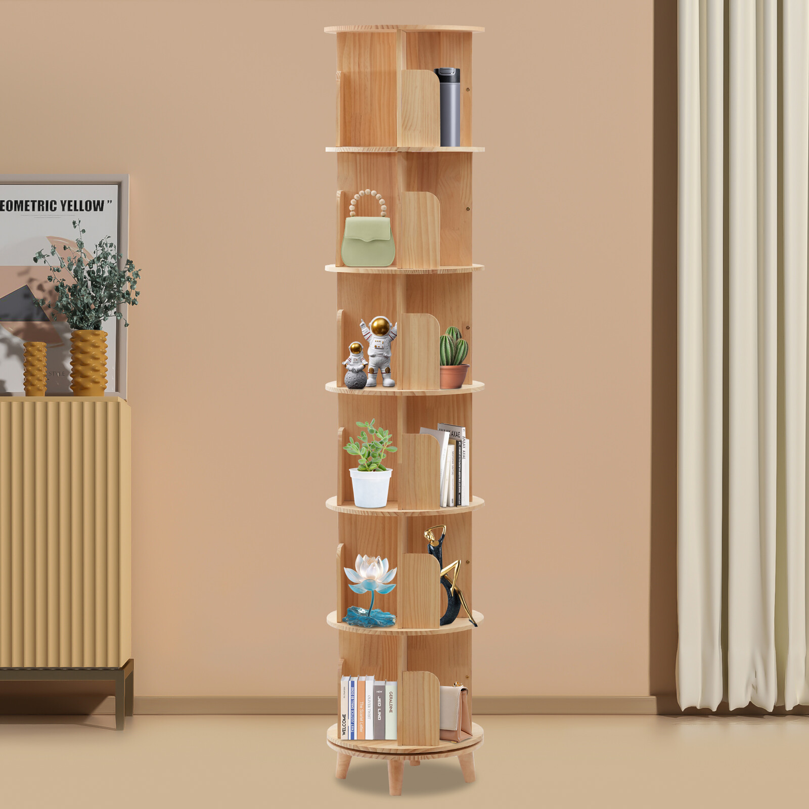 6-Tier 360 Rotating Bookshelf, Durable Pine Wood and Beech, 50kg Load Capacity