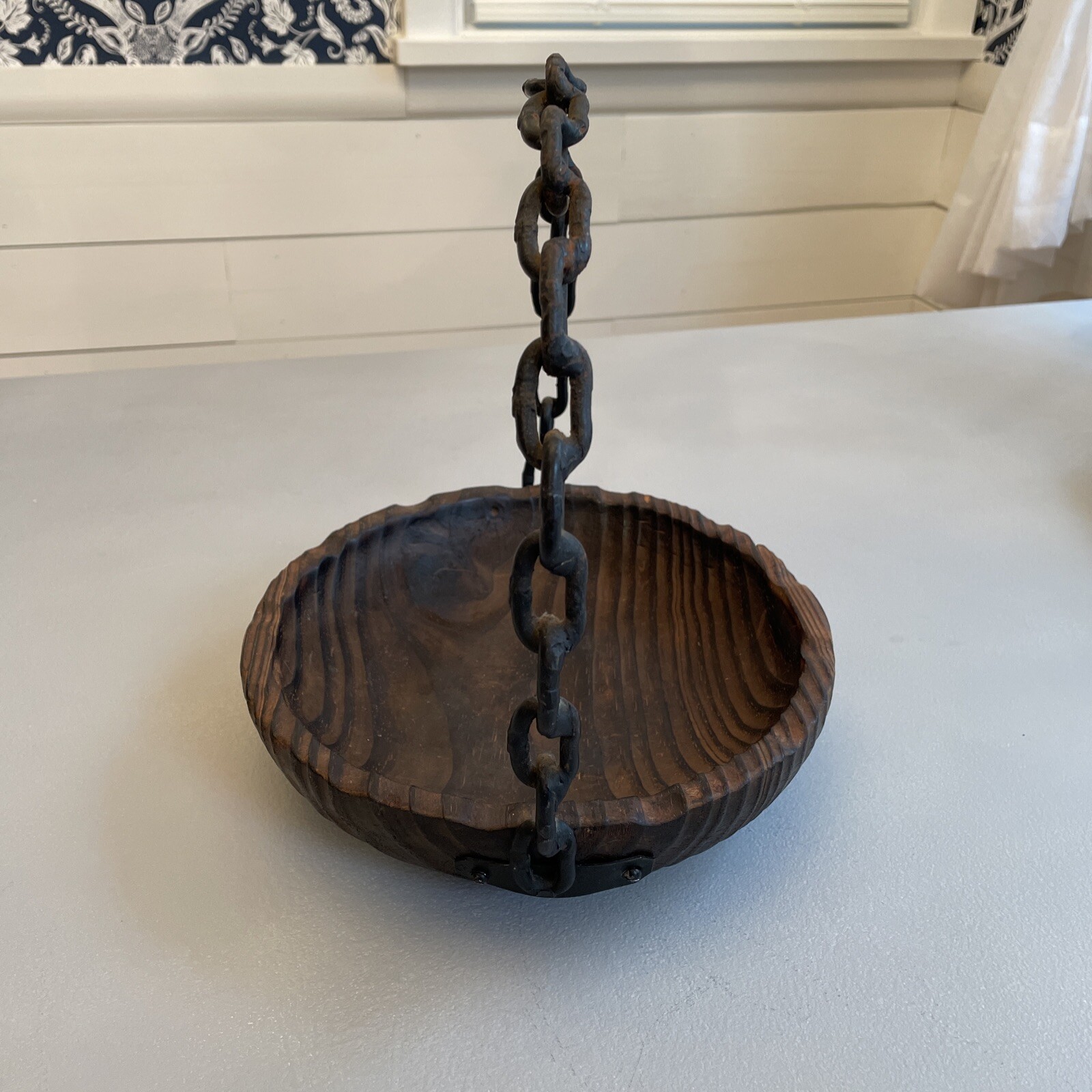 Rustic Wooden Basket with Old Rusty Chain handle Western Or Boho Decor