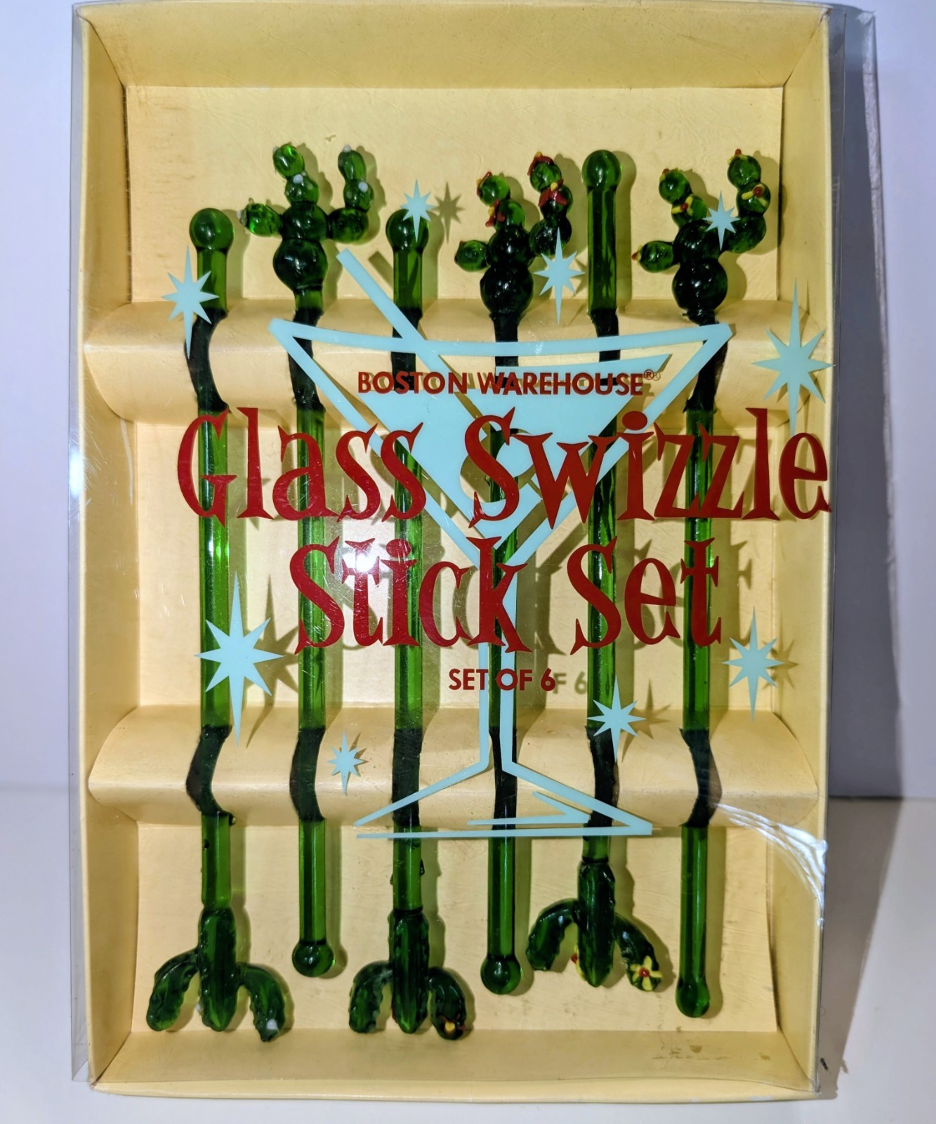 Boston Warehouse Glass Cactus Swizzle Stick Set (6) NEW