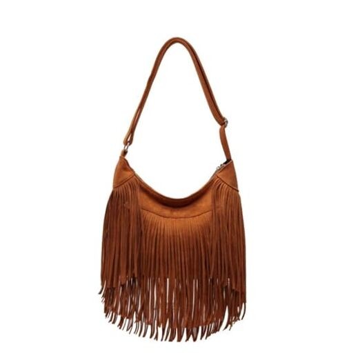 Women Vintage Suede Fringe Hobo Bag Tote Shoulder Bag Crossbody Bag and A-brown