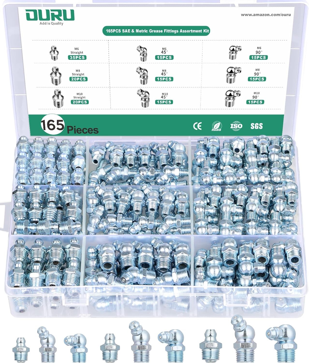Grease Fittings Assortment, 165PCS Metric Zerk Grease Fittings NPT M6 M8 M10, St