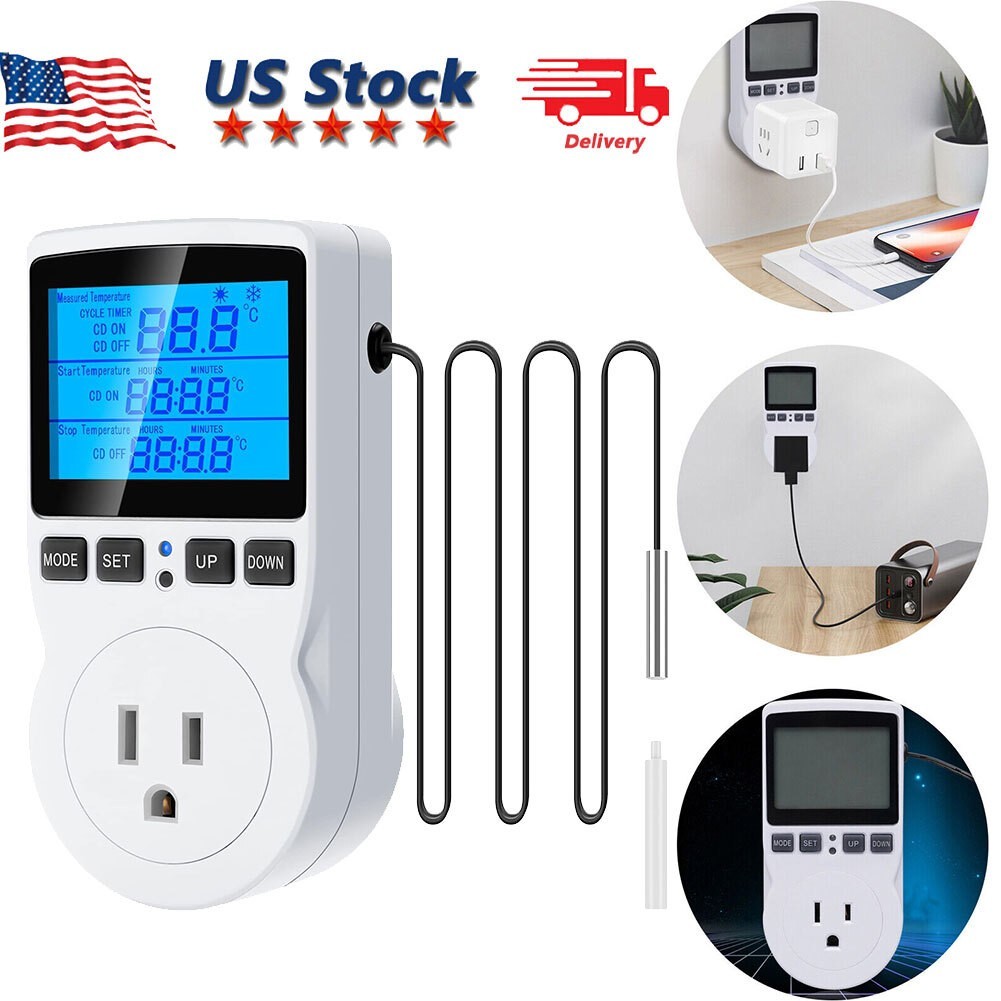 Digital Thermostat Outlet Plug Temperature Controller Heating Cooling &Probe New