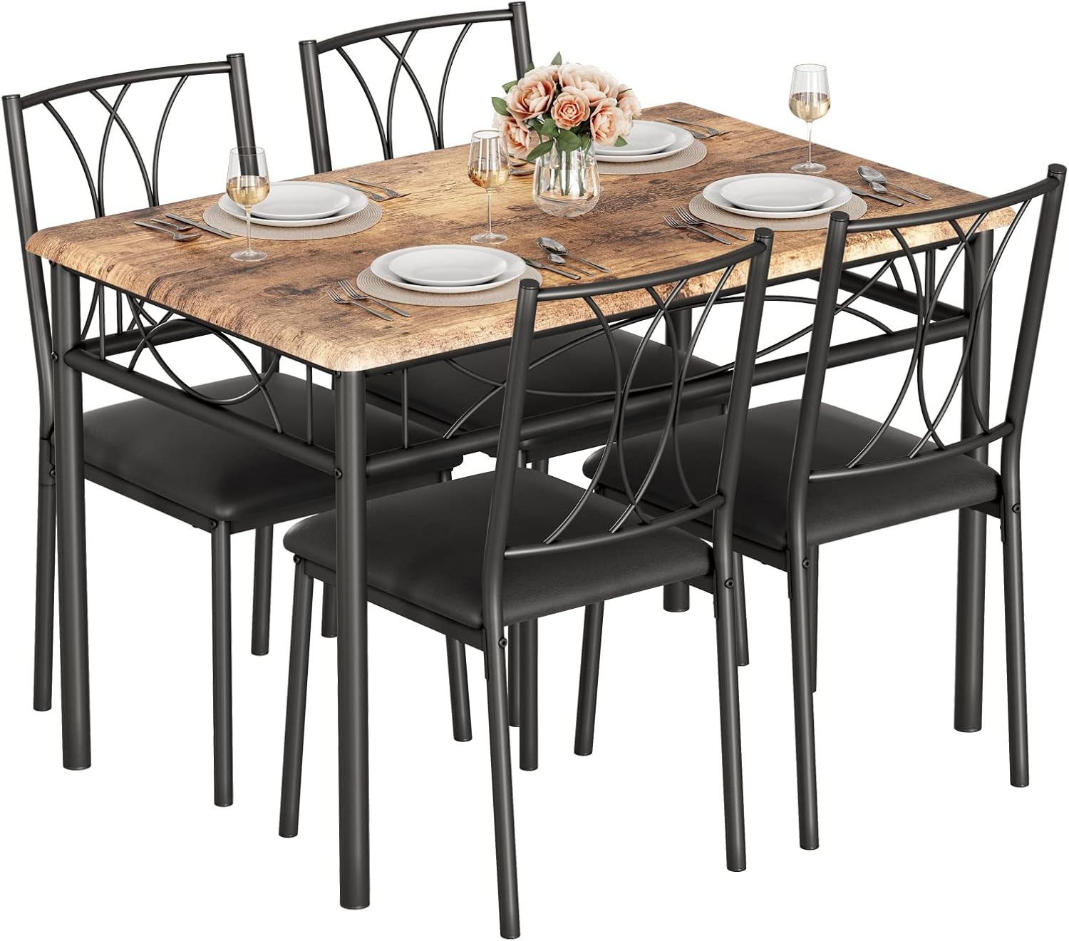 Rustic Dining Table Set for 4, MDF Top & Metal Frame with Upholstered Chairs