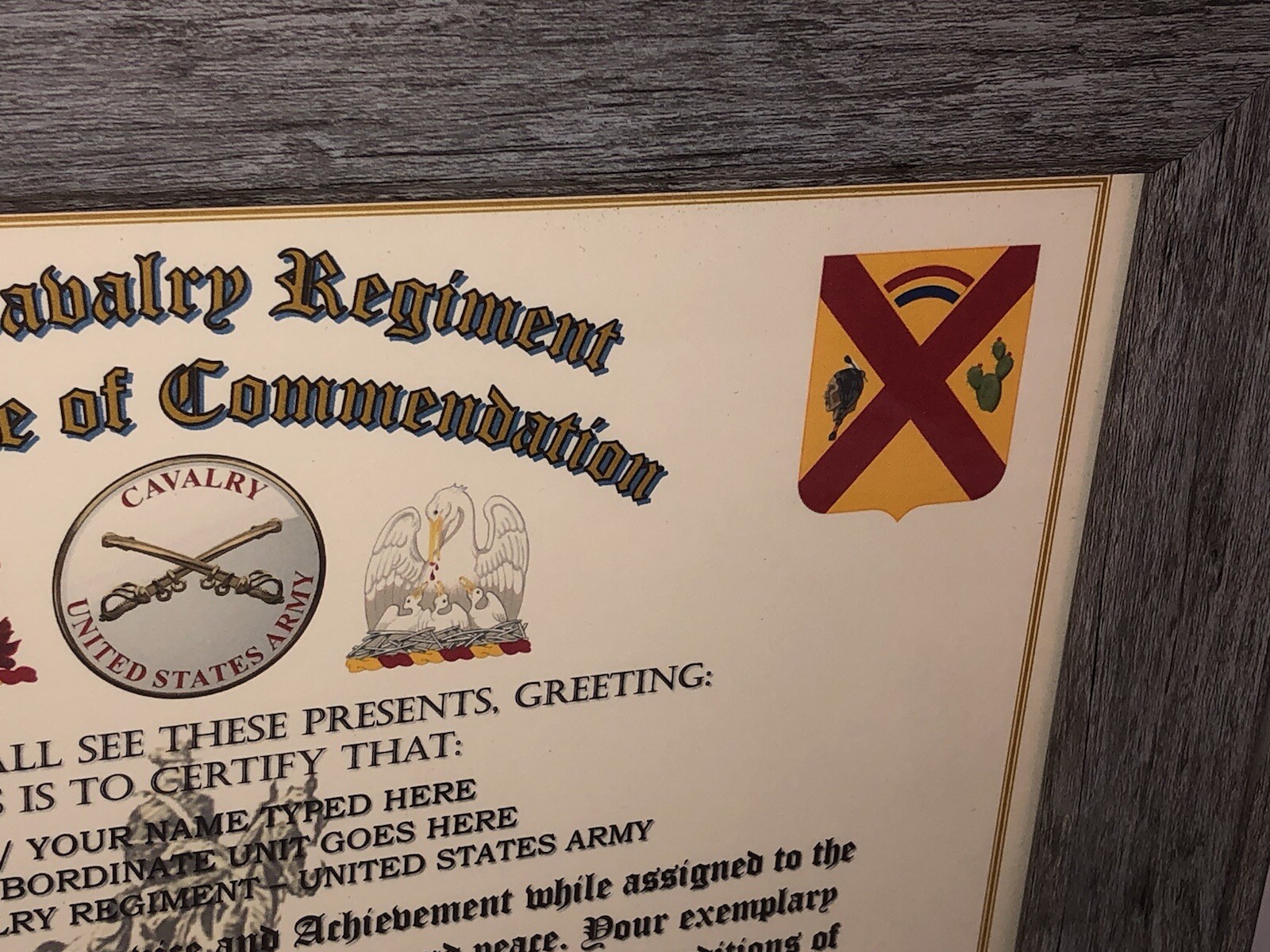 108TH U.S. CAVALRY REGIMENT / COMMEMORATIVE - CERTIFICATE OF COMMENDATION