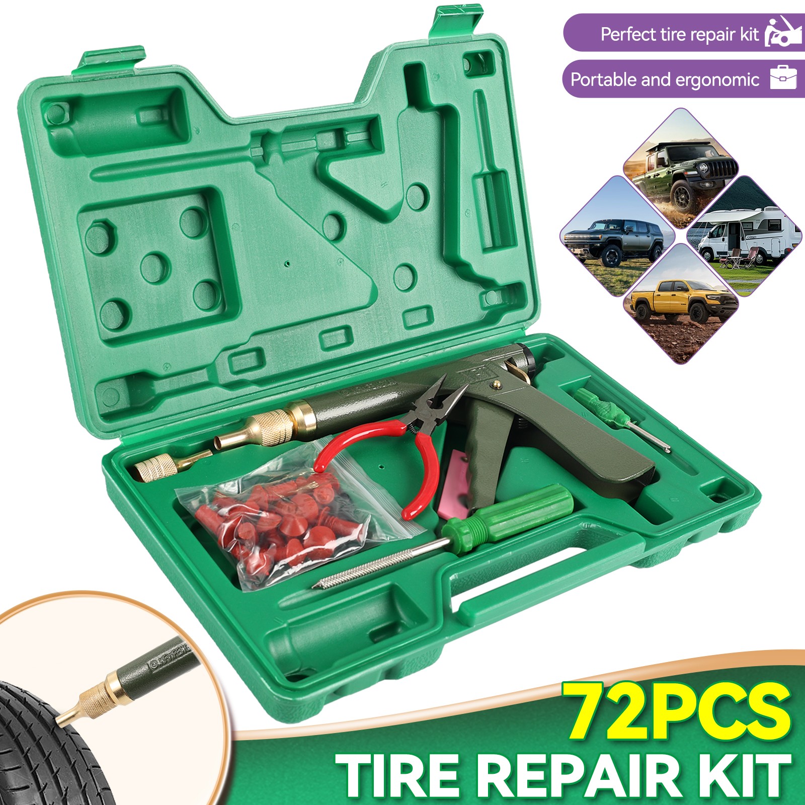72pc Tire Wheel Repair Gun Kit Mushroom Plug Probe Nozzle Tire Plugger Tubeless