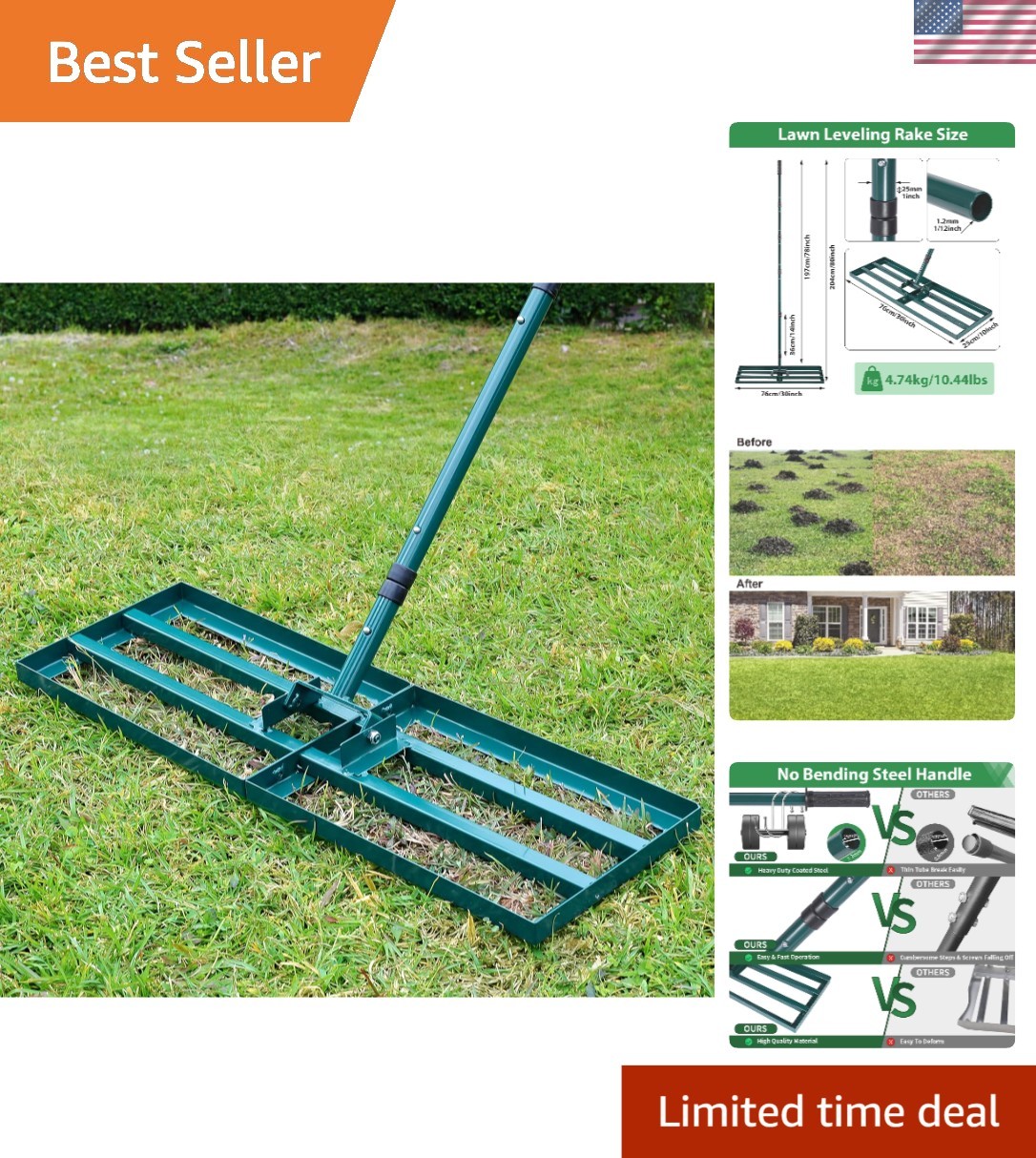 Stainless Steel Lawn Leveling Rake - 30”x10” Plate with 78” Adjustable Handle