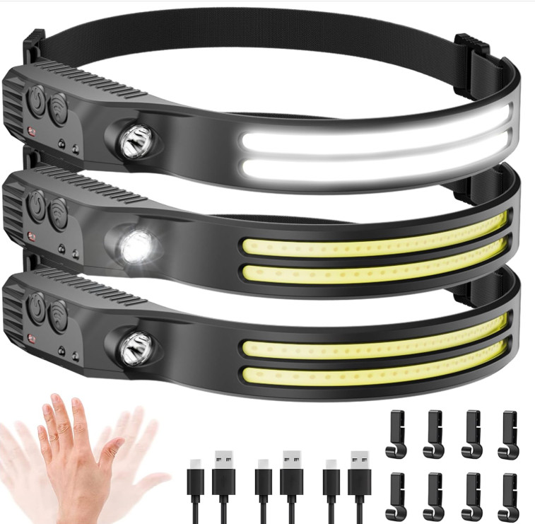 Linterna frontal LED recargable 3PCS 230° COB USB-C para camping trabajo, Nuevo