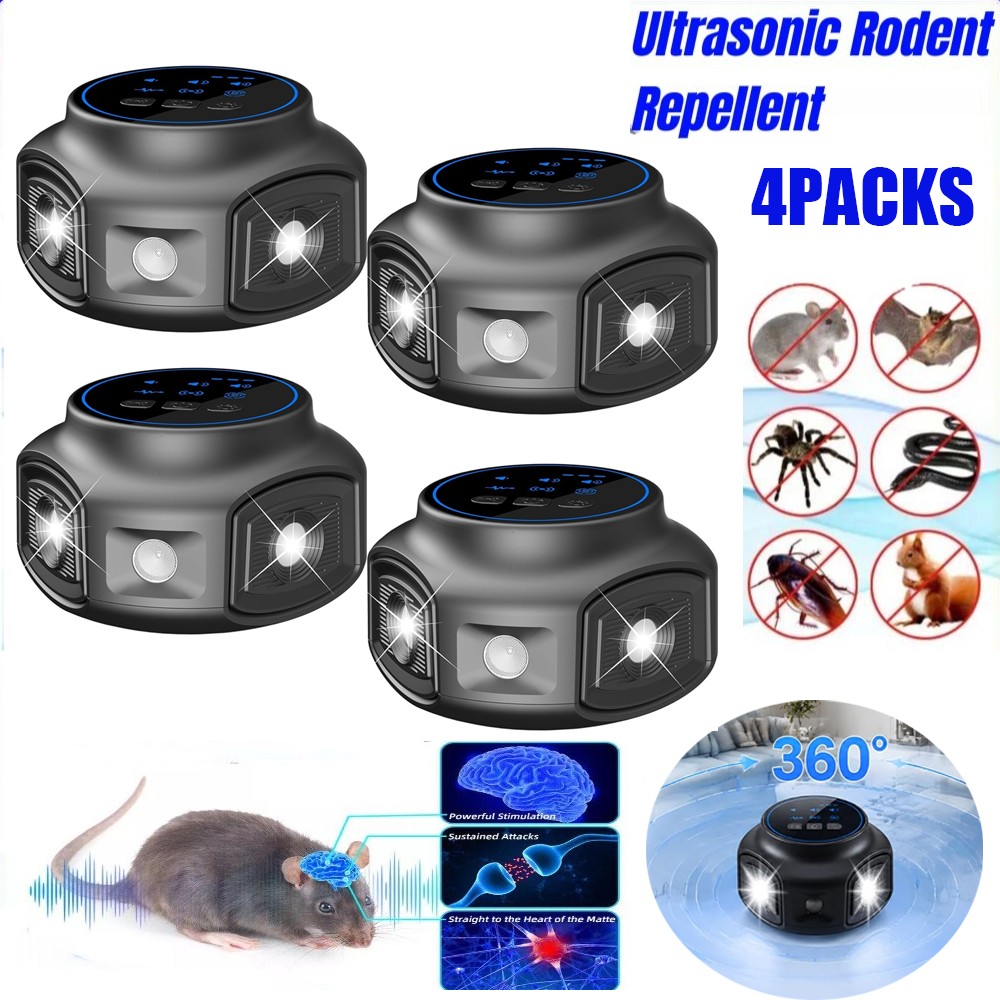 4Pack 360° Ultrasonic Rodent Repeller Indoor Plug in Mice Repellent with 4 Modes