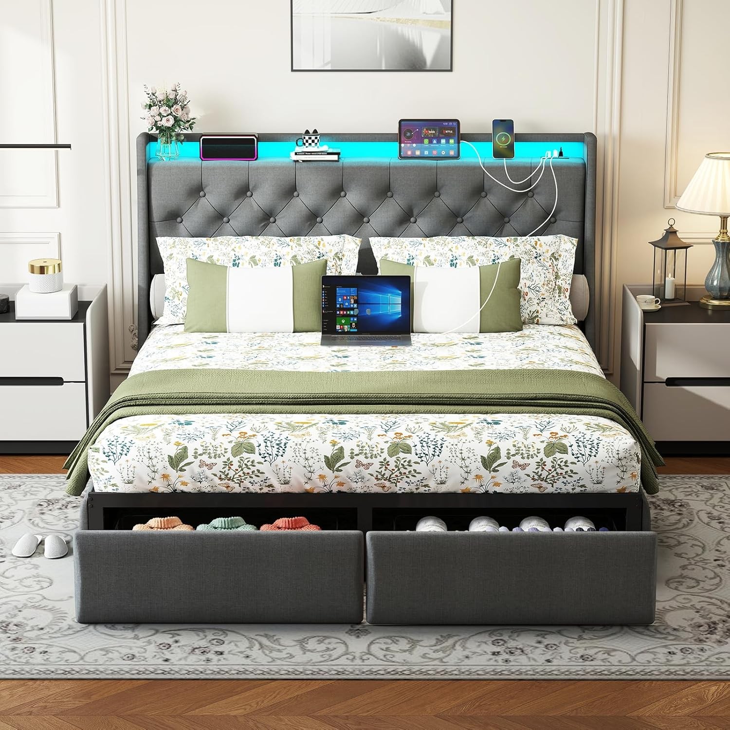 Full Size Bed Frame with 2 Storage Drawers Upholstered Headboard Metal Platform