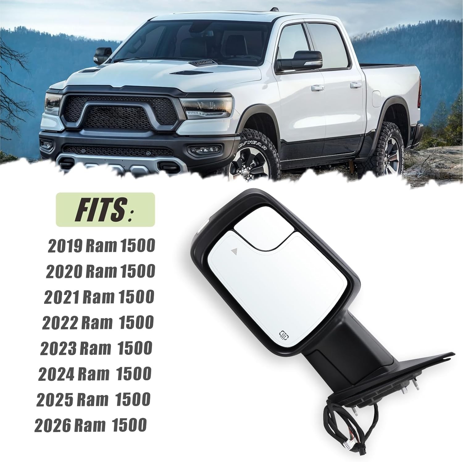 For Dodge Ram 1500 2019-2026 Left Driver Side Mirror Heated Signal Blind Spot