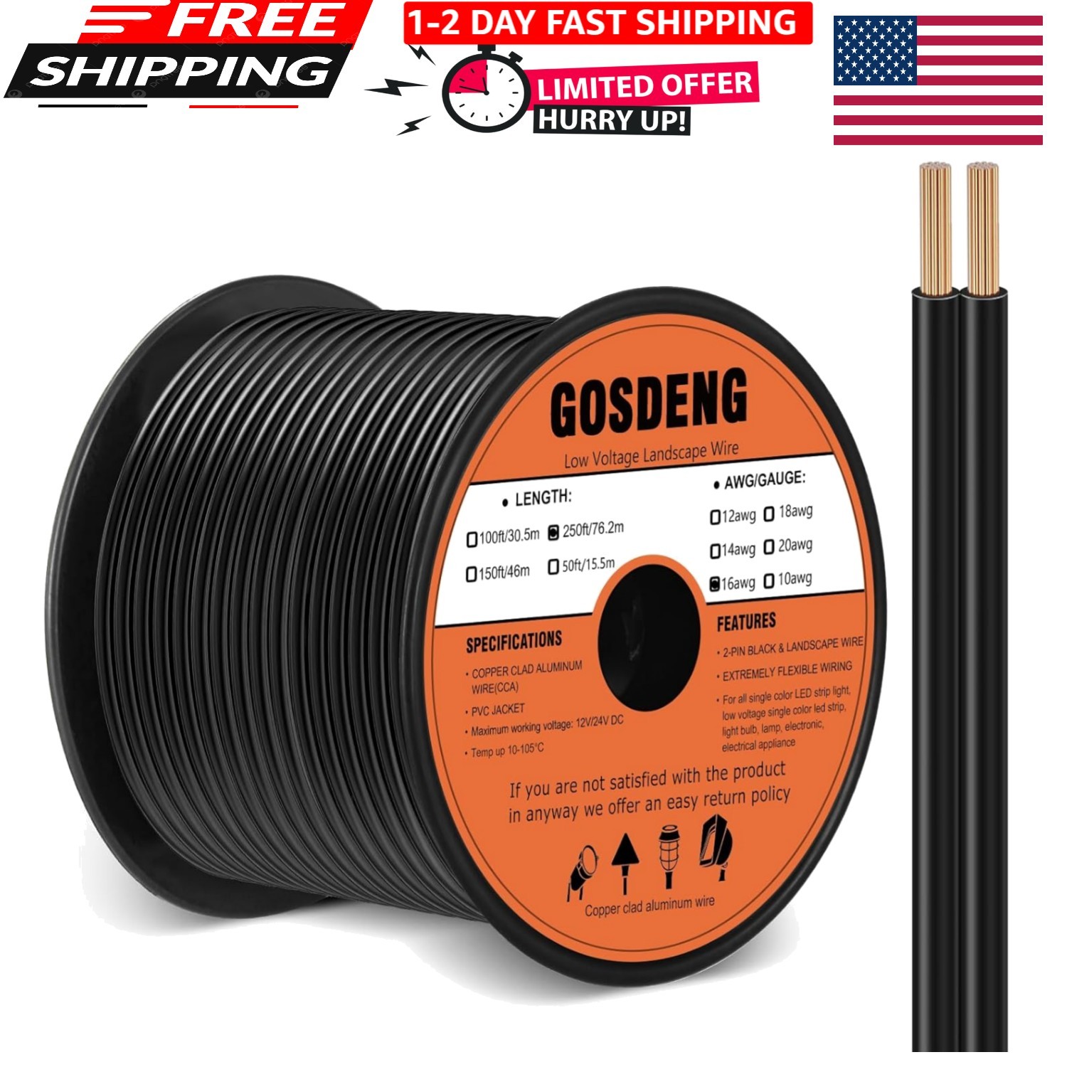 250FT Low Voltage Landscape Lighting Wire - 16/2 Gauge Outdoor Cable