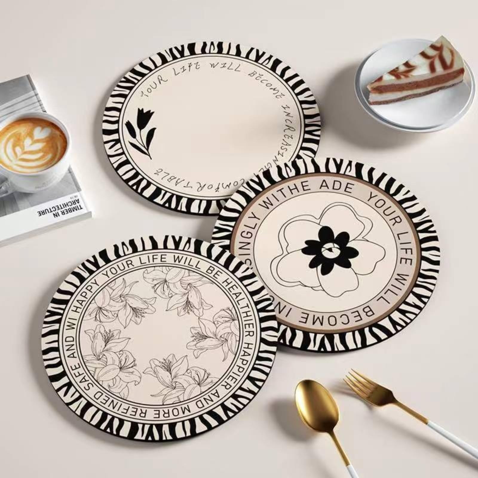 Boho Vintage Ceramic Coasters Cork Backing Neutral Floral Geometric Pattern Set