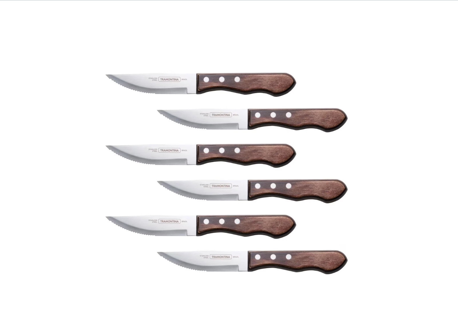 Tramontina Jumbo Steak Knife Set 6-Pcs Serrated Stainless Steel Wood Handle 5''