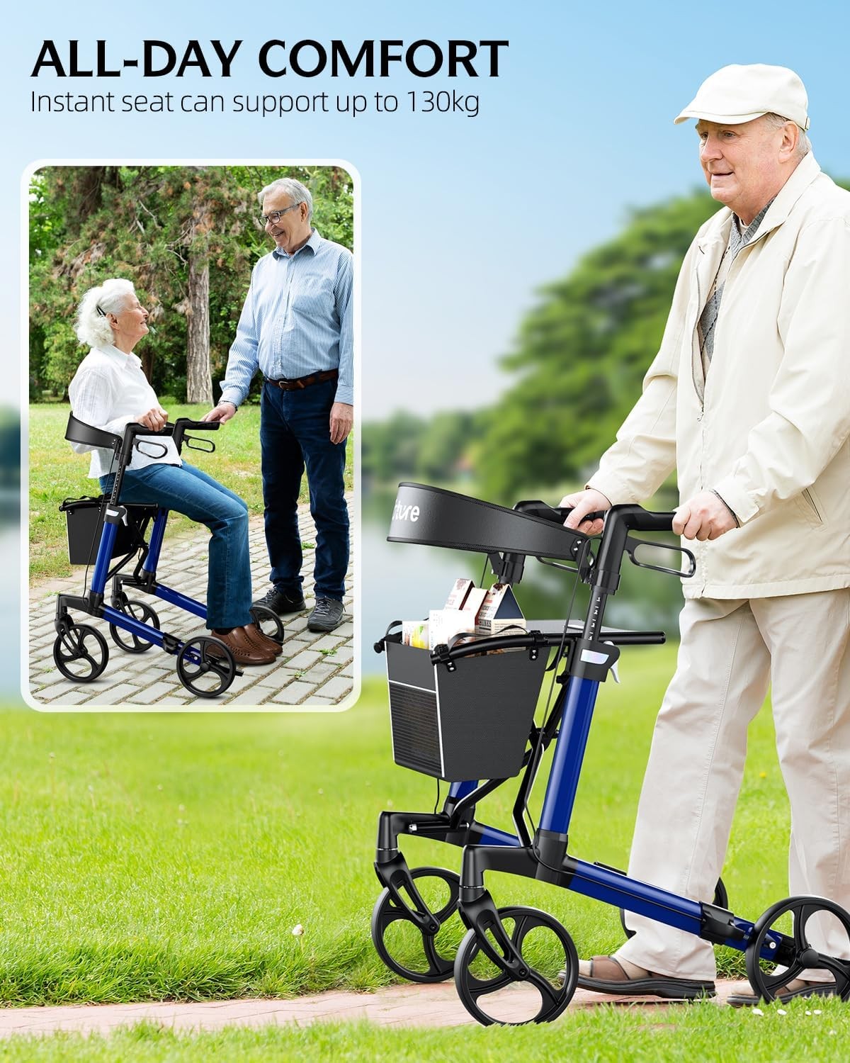 Foldable Rollator Walker with Seat & Backrest 16 lb Lightweight 8" Wheels