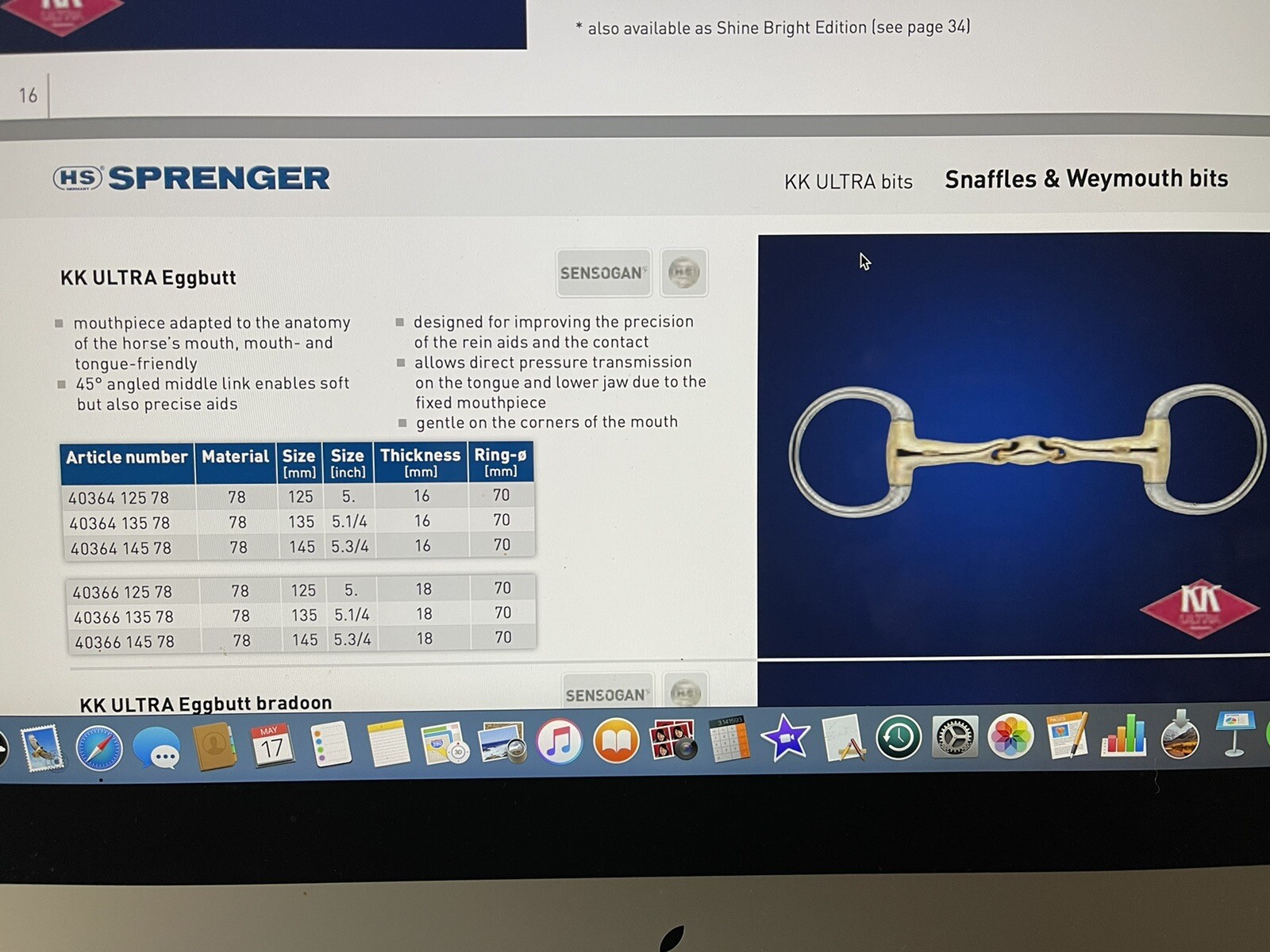 Herm Sprenger KK ULTRA Sensogan Eggbutt Snaffle Bit Size 5.75 Aurigan 18mm