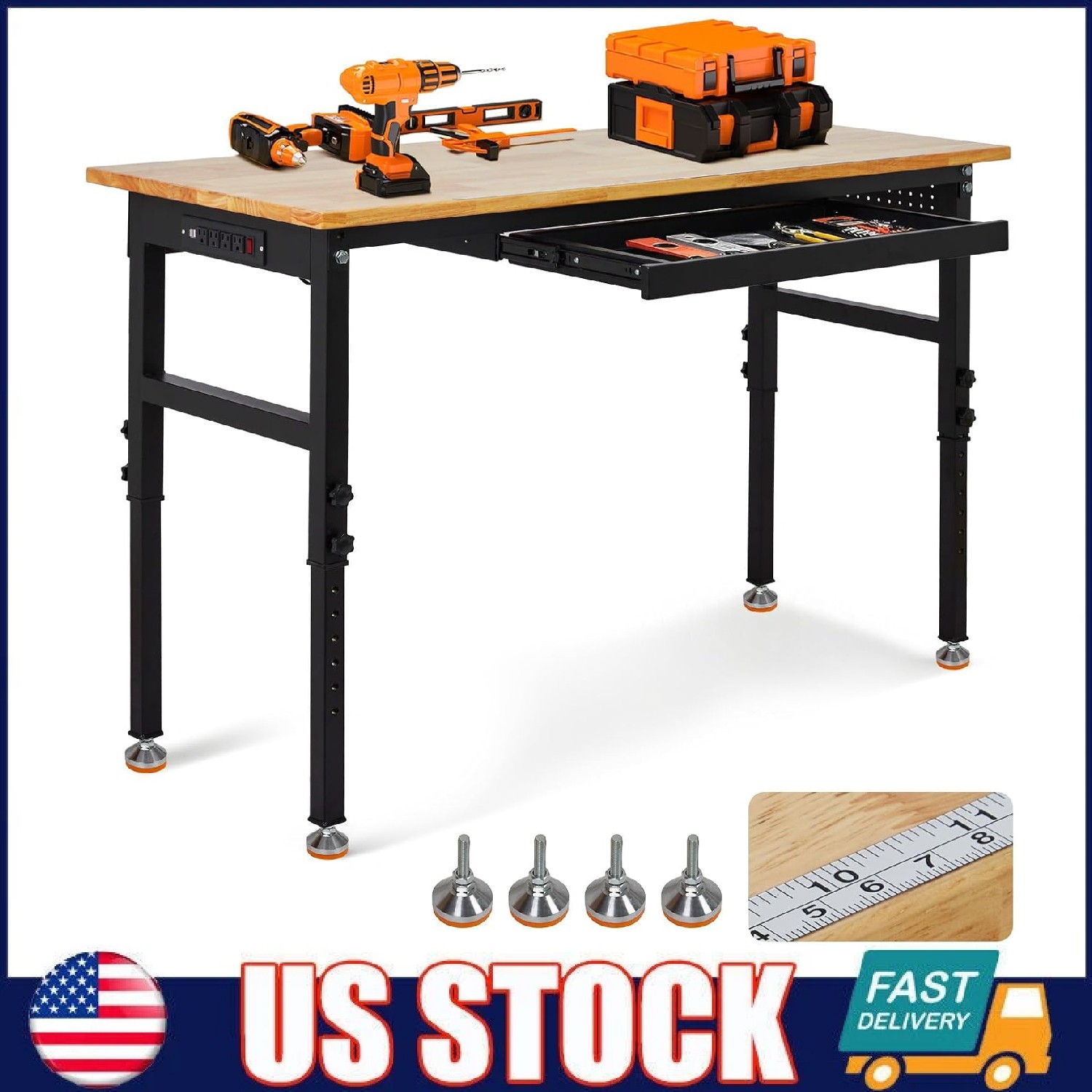 60" Heavy Duty Workbench ,Adjustable Work Bench Garage w/ Power Outlets & Drawer
