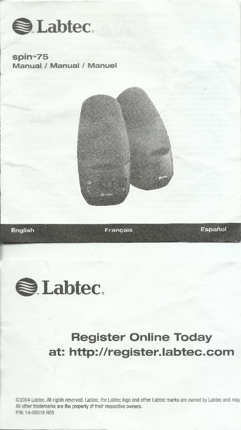 Labtec Spin 75 Printed Owners Manual speakers 2 pages english 2 french 2 spanish