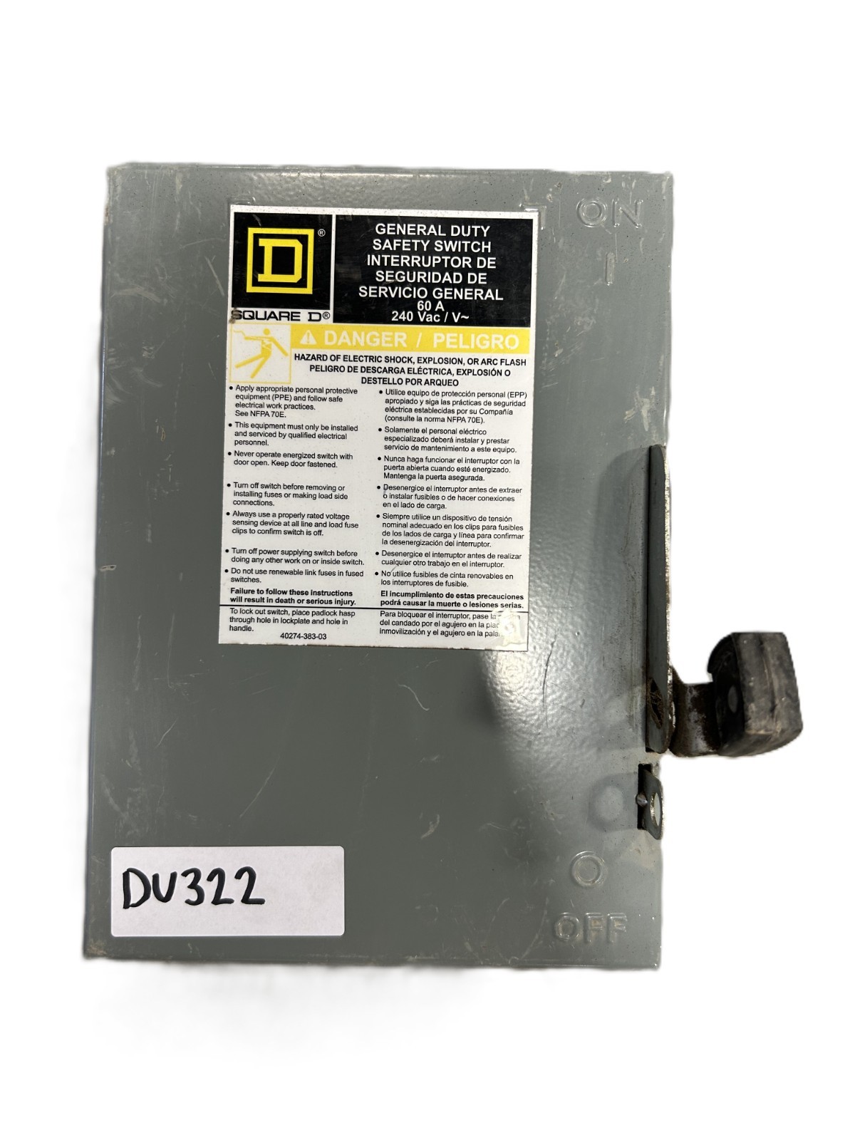 Square D DU322 Non-Fusible Safety Switch Type 1 Enclosure 60A 240VAC