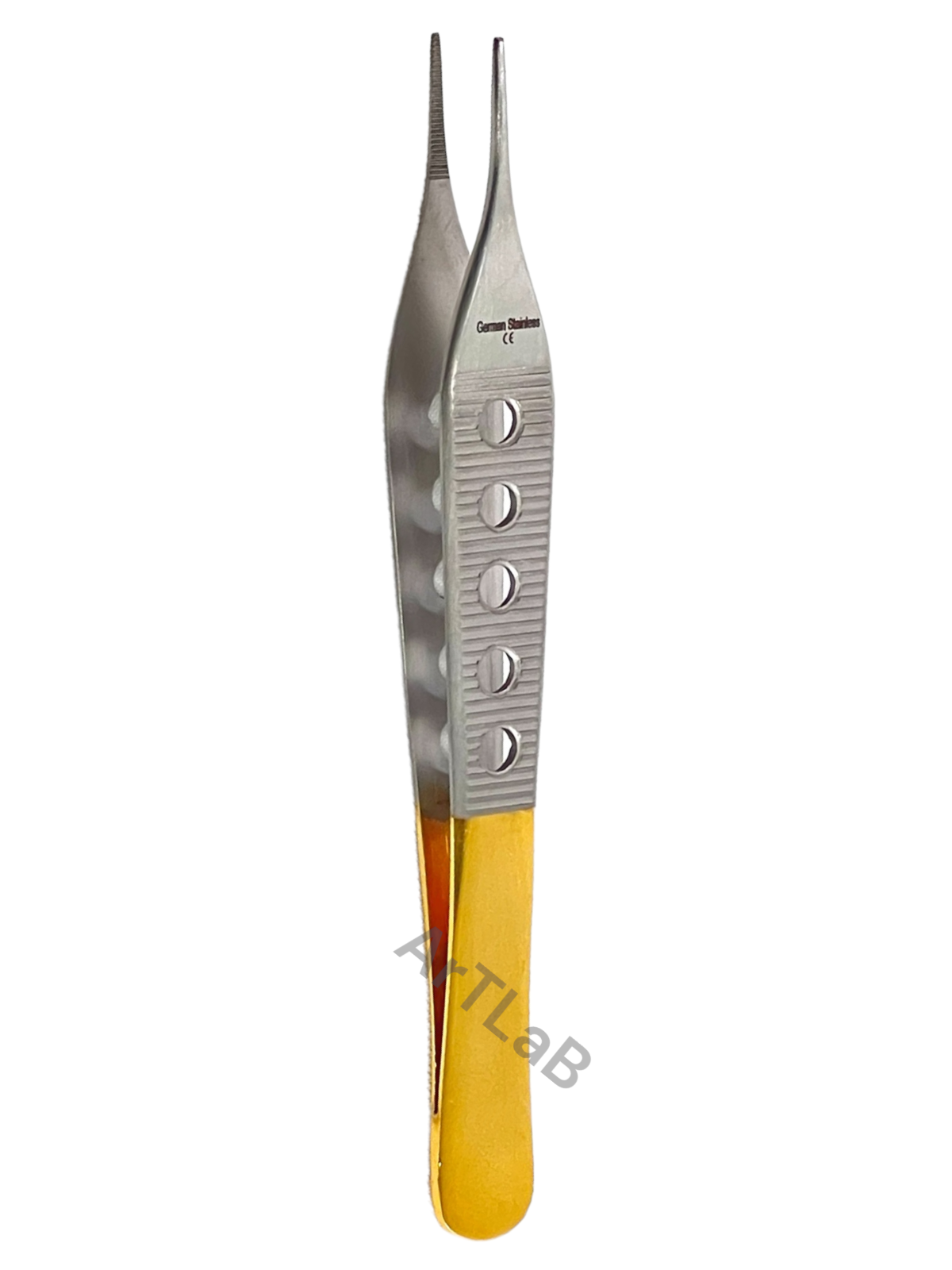 Fine Serrated Tip Adson Dressing Forceps 4.75" w/ Gold Perforated Handle, STR