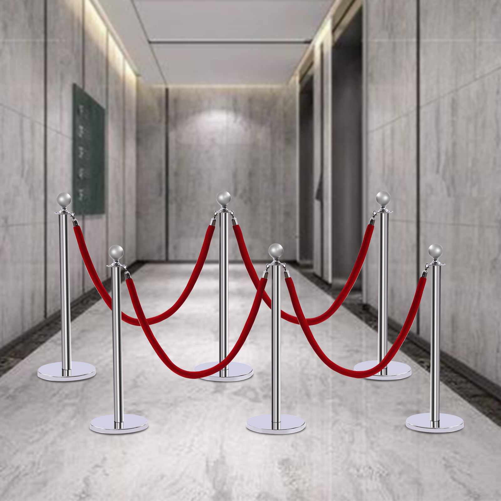 6PCS Stanchion Posts Queue Barrier Crowds Control Silver with Red Velvet Ropes