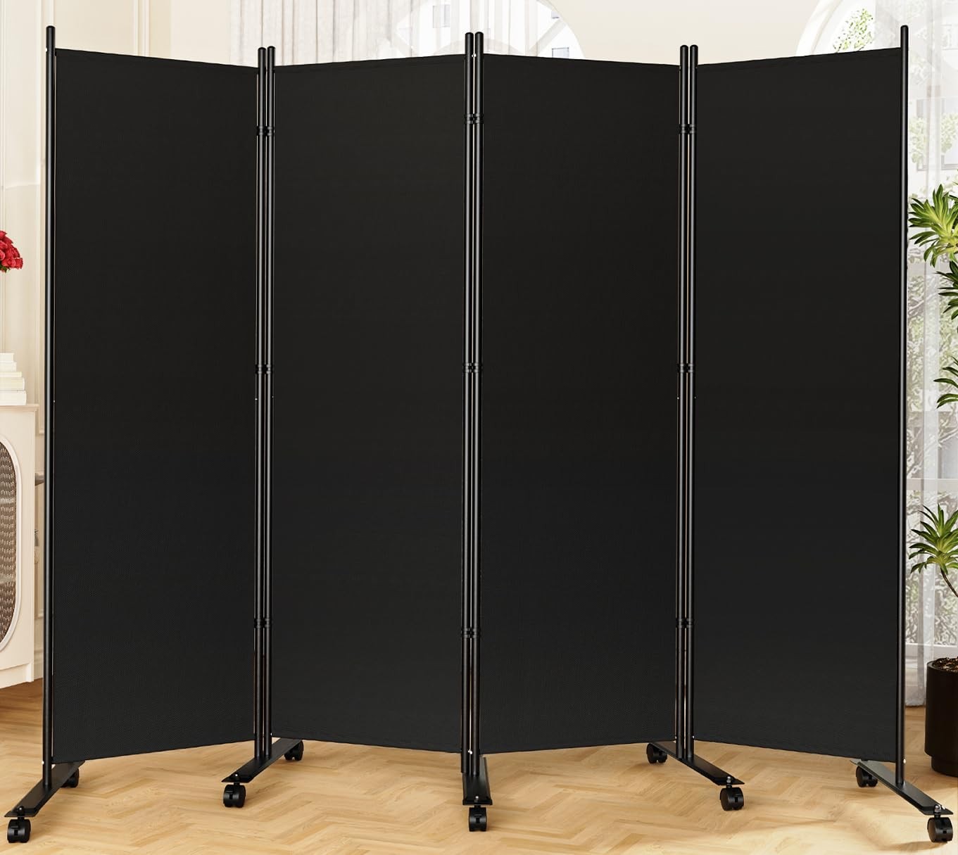 Room Divider 6FT Folding Privacy Screens with Lockable Wheels, 4 Panel Room P...